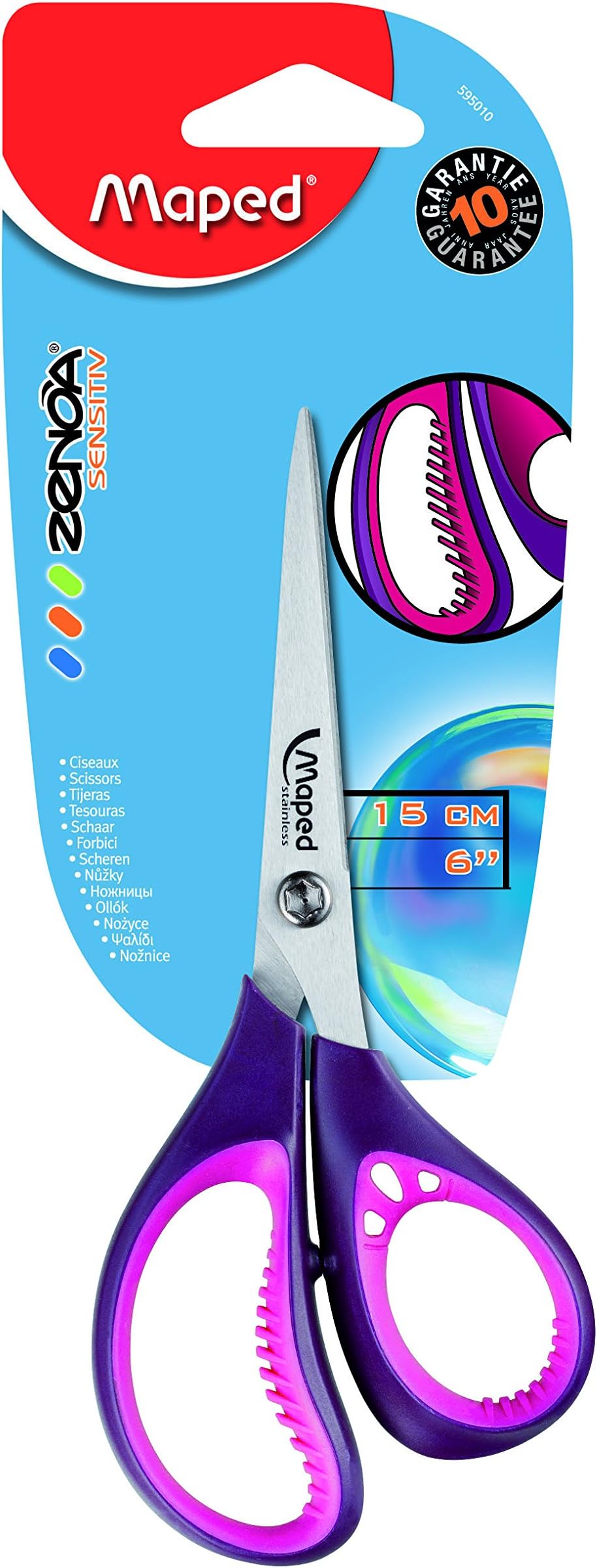 Zenoa Sensitiv Scissors with Asymmetrical Soft Handles, 6 Inches, Assorted Colors (595010)