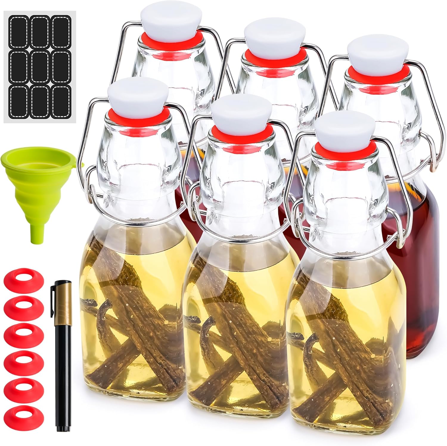 4oz-6 Pack Swing Top Glass Bottles - Flip Top Brewing Bottles For Kombucha, Kefir, Vanilla Extract, Mead, Vinegar, Beer- Airtight Stopper Lids - Comes With Extra Gaskets, Funnel and Labels