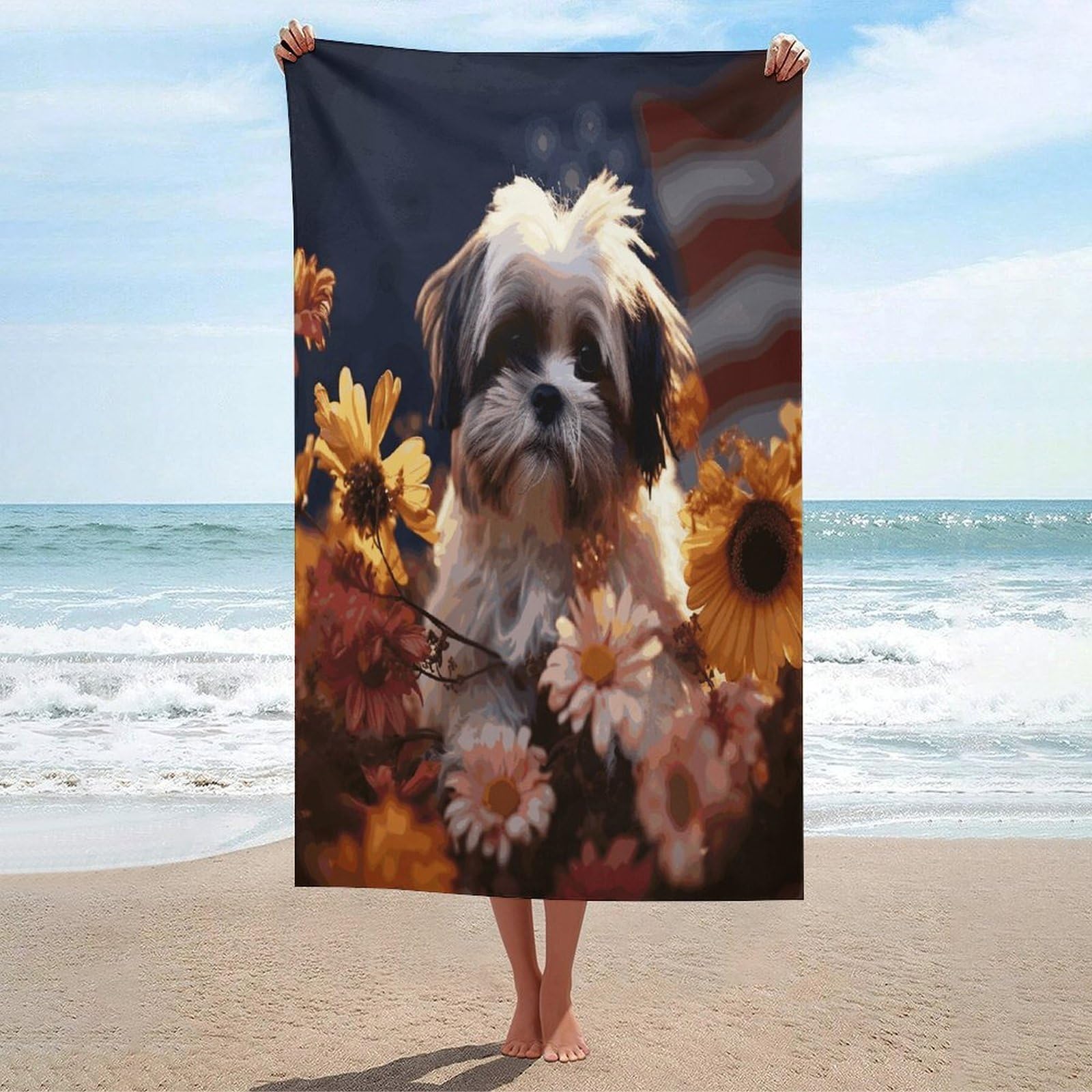Adfgyerh Unisex Style Shih Tzu Dog And Flowers Bath Towels Beach Towel Lightweight Quick Dry, Bath Towel For Travel Sports Pool Swimming Bath Camping Yoga Adults130x80cm