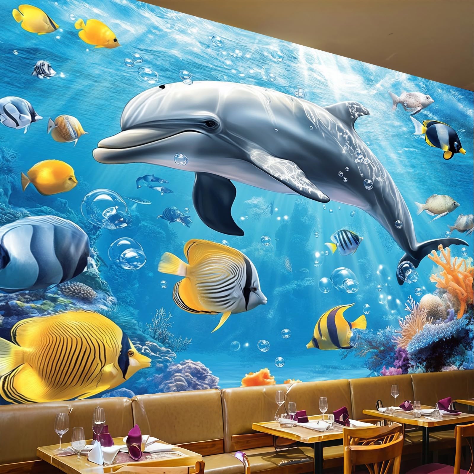 Papier peint panoramique poissons tropicaux bleus 350x256 cm pour mur de salon