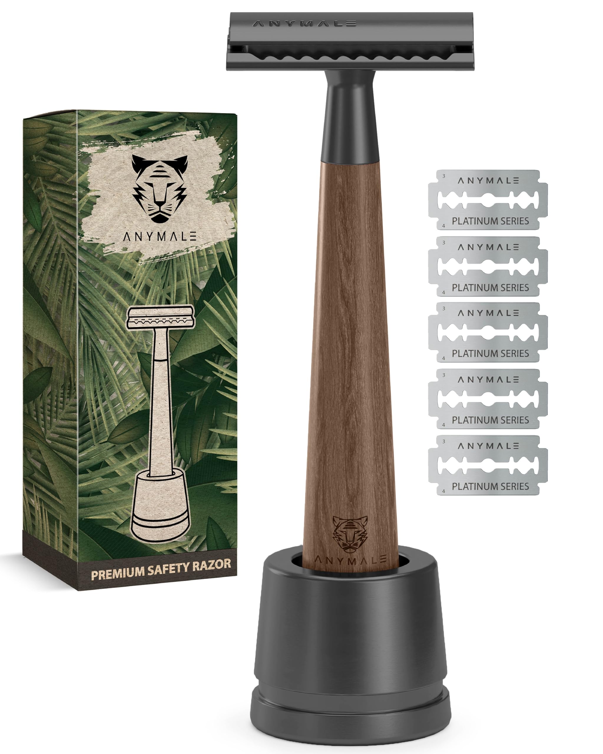 ANYMALE® Rasierhobel „Midnight“ für Damen & Herren Griff aus Holz inkl. Rasier-Ständer - Nassrasierer & Rasierer Metall mit 5 Klingen - Herren-Rasierer, Klingenrasierer & Safety Razor