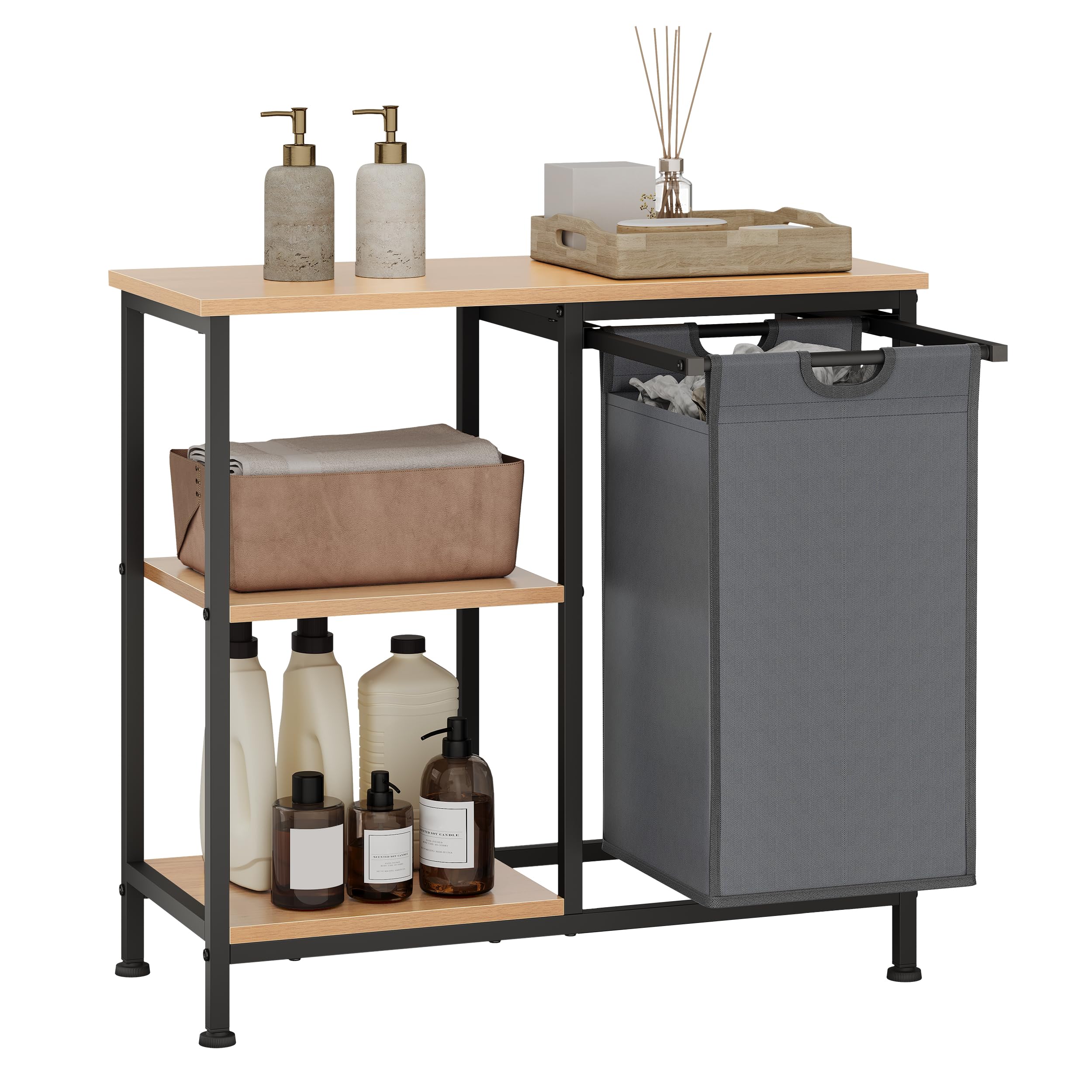 EUGAD Estanteria de Baño con Cesto para Ropa Sucia, Saco Extraíble, Mueble Lavandería de 3 Niveles, Cesta Ropa Sucia de Tela Oxford 31 L, 70x30x65 cm