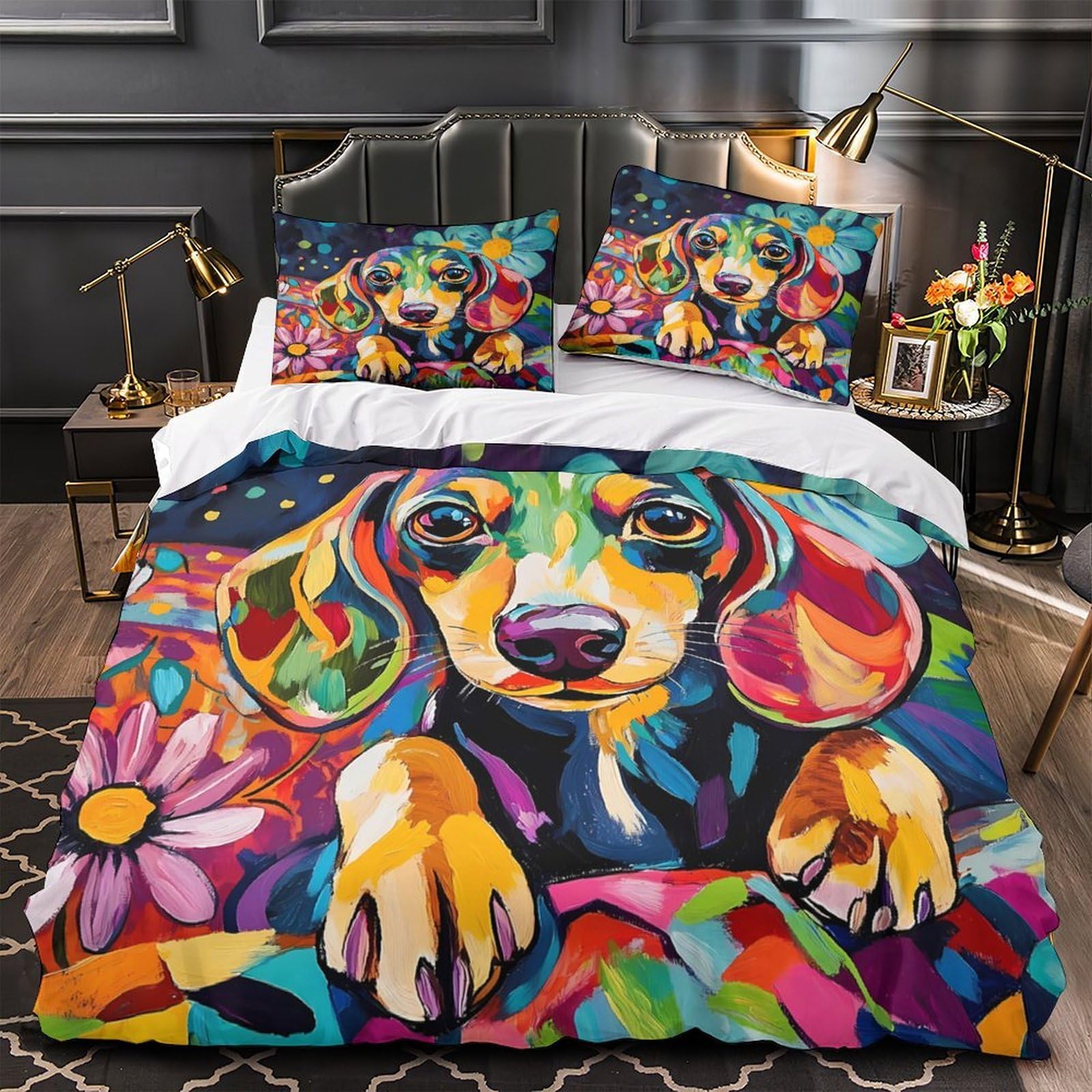 MMDASBVPE Colorful Dog Portrait Quilt Cover 3D Print Ultra Soft 3PCs Bed Linen Hidden Zipper Vibrant Pop Comforter Cover Luxury Durable for Adults Teens Women Kids Girls Boys Youth King（220x240cm）
