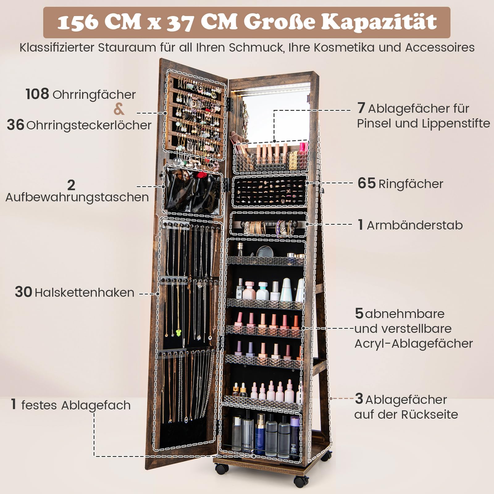 COSTWAY Szafka na biżuterię na kółkach, z lustrem LED i regulowanymi półkami, na łańcuszki, kolczyki, kosmetyki