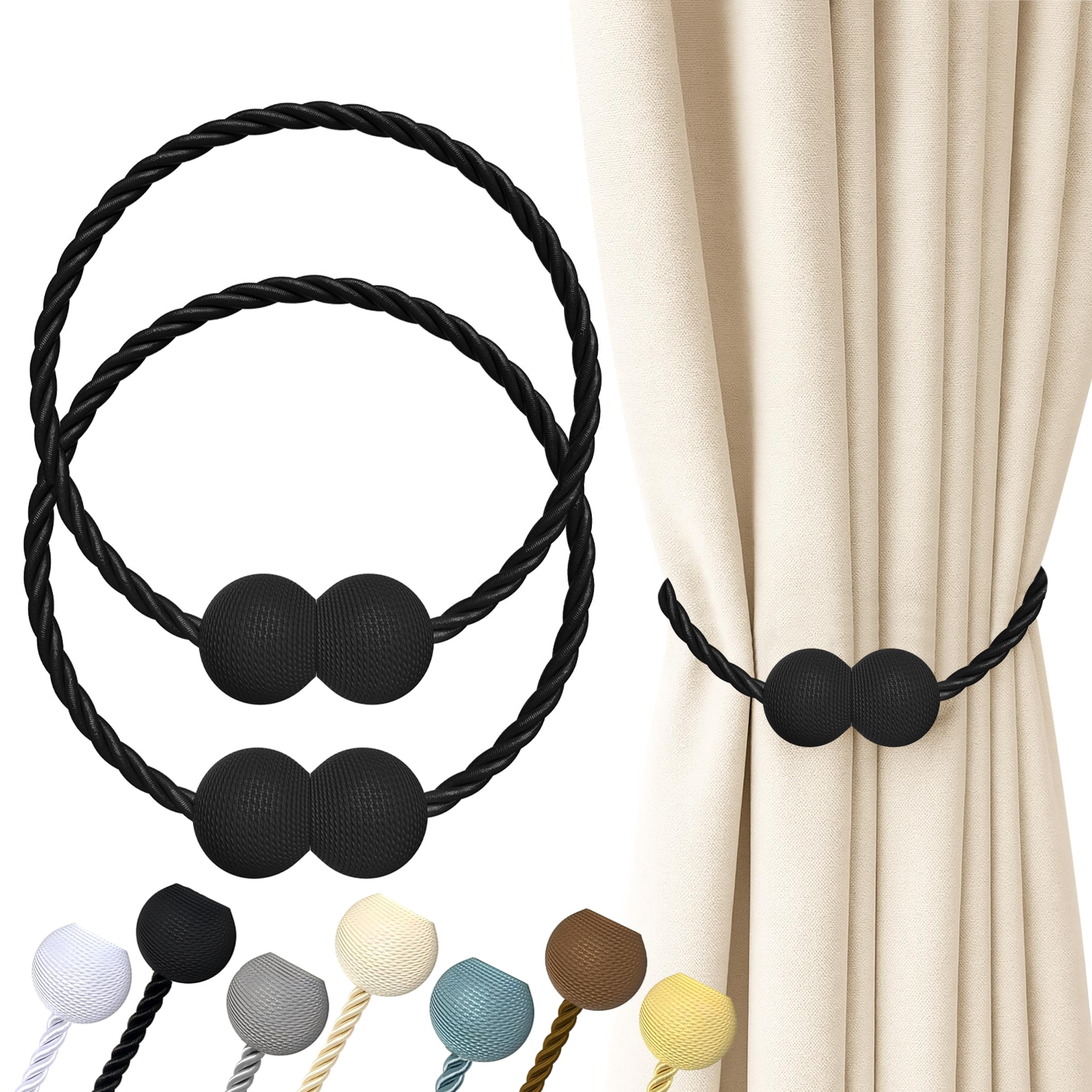 Hion Magnetic Curtain Tiebacks Black 2pcs, Curtain Tiebacks Buckles Holdbacks Holders Hooks Clip for Home Outdoor Bedroom Office Decorative Curtain