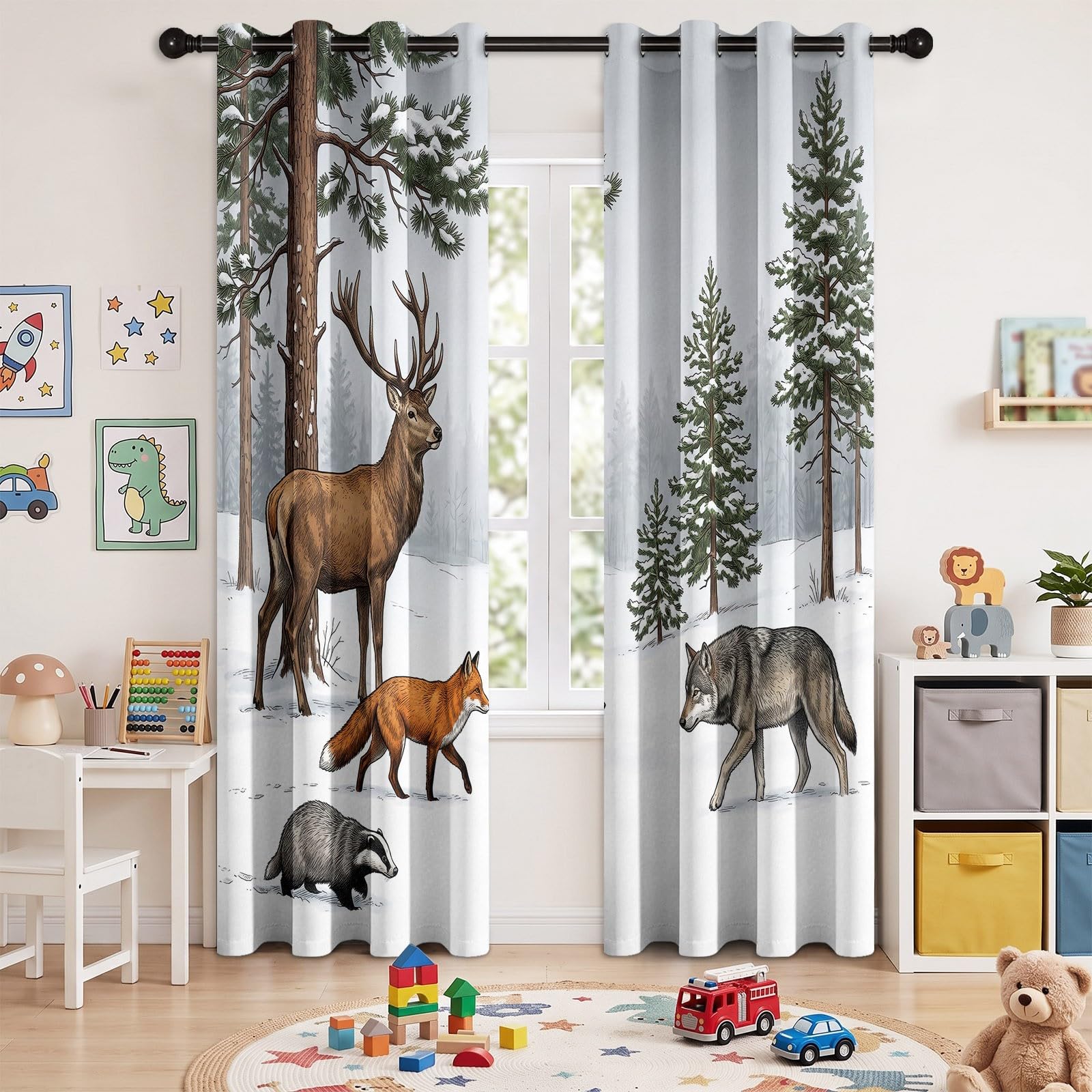 Generisch Natur Wald Tiere Vorhänge für Schlafzimmer 138 x 117 cm (H x B), Thermo Verdunkelung Hirsch Rotfuchs Vorhang Wohnzimmer Kälteschutz - Blickdichte Gardinen mit Ösen, 2 Stück
