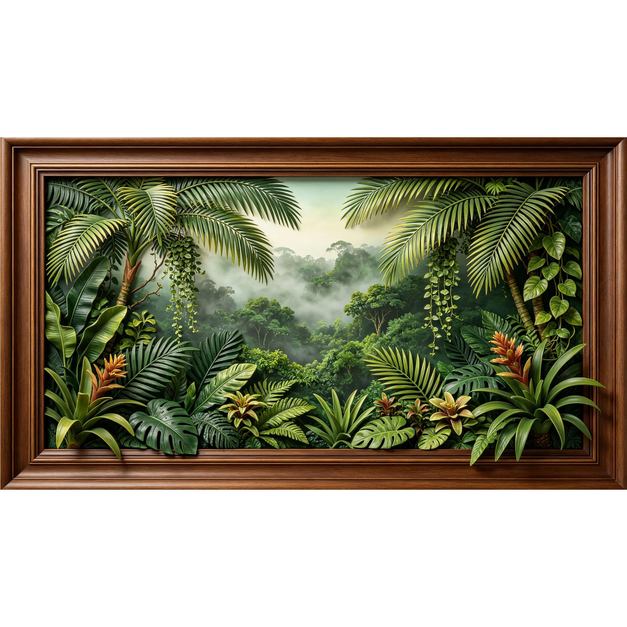 QZLITHOTIC 50×100cm 3D Framed Wall Art， Tropical Jungle Rainforest Botanical Greenery Self?Adhesive Mural， Water?Activated Peel & Stick Fabric Decor Wall Decal for Bedroom Living Room
