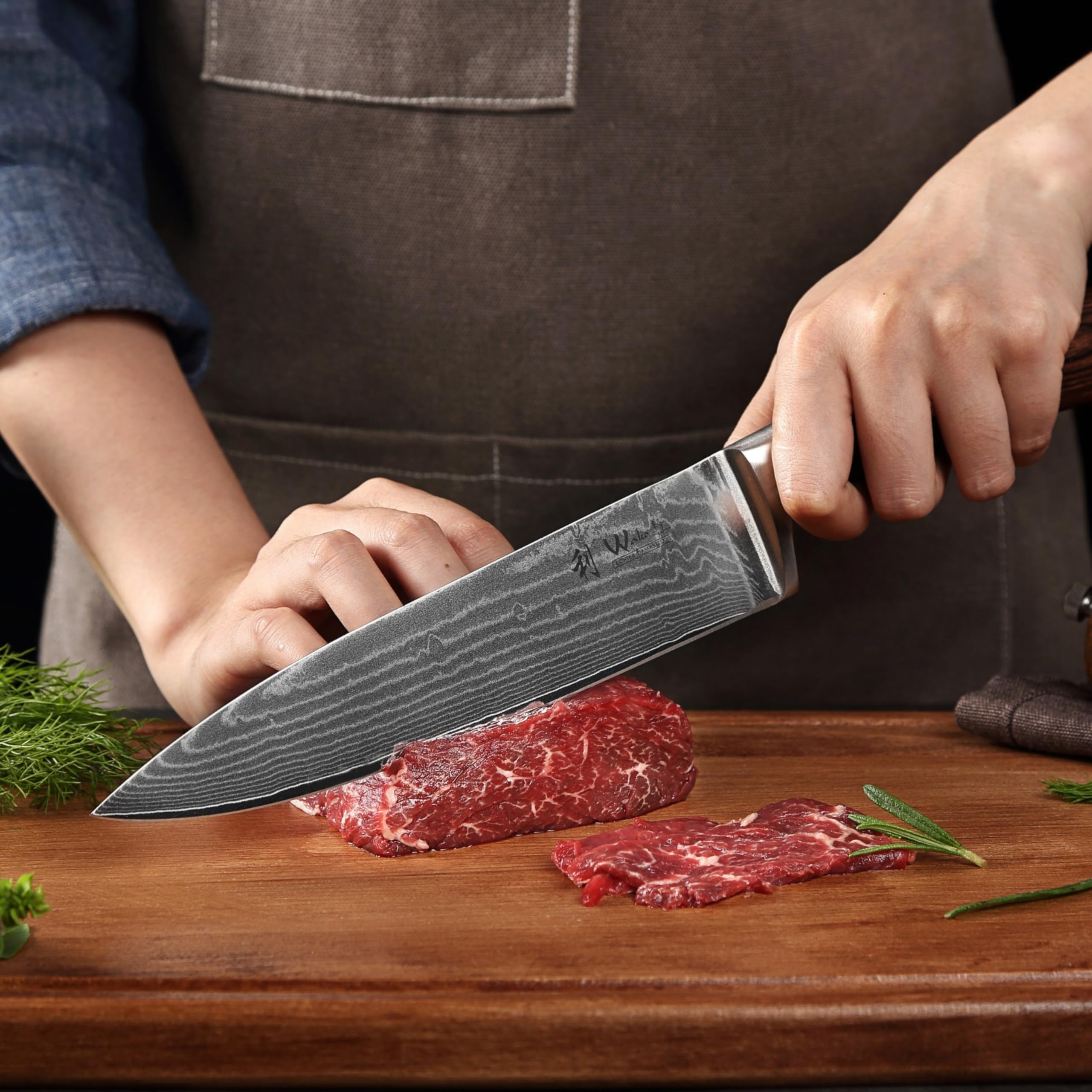 WAKOLI EDIB cuchillo de chef de 20 cm en acero de damasco de 67 capas con núcleo VG10, para carne, pescado, verduras y hierbas, mango de madera Pakka, caja de regalo | para la cocina profesional, con hoja afilada de 67 capas y núcleo VG10, proporcionando