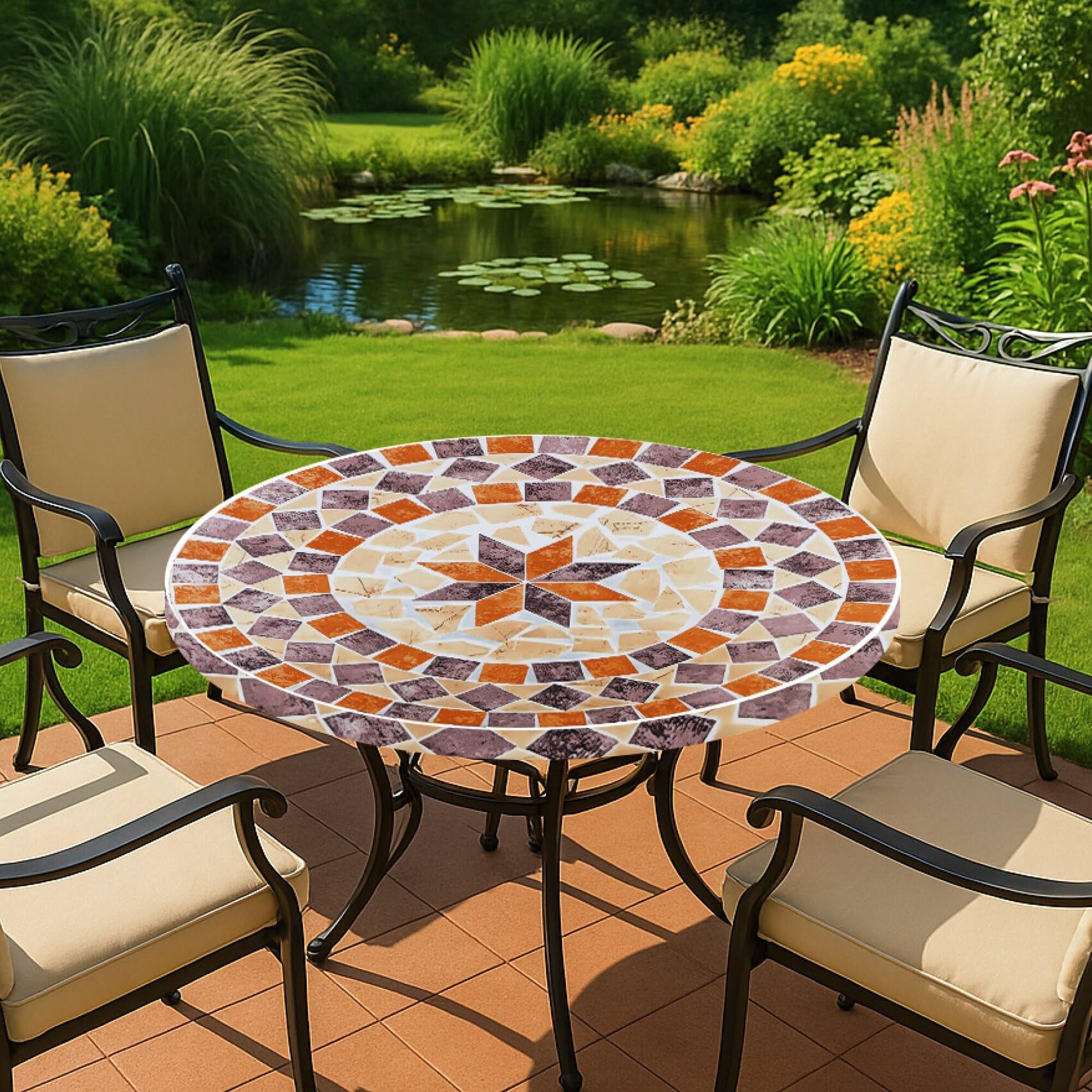 Maximex Mantel redondo con borde elástico, Ø 70 - 86 cm, motivo mediterráneo, mantel lavable y ajustable, resistente a la intemperie y a los rayos UV, para jardín, balcón y camping, plástico