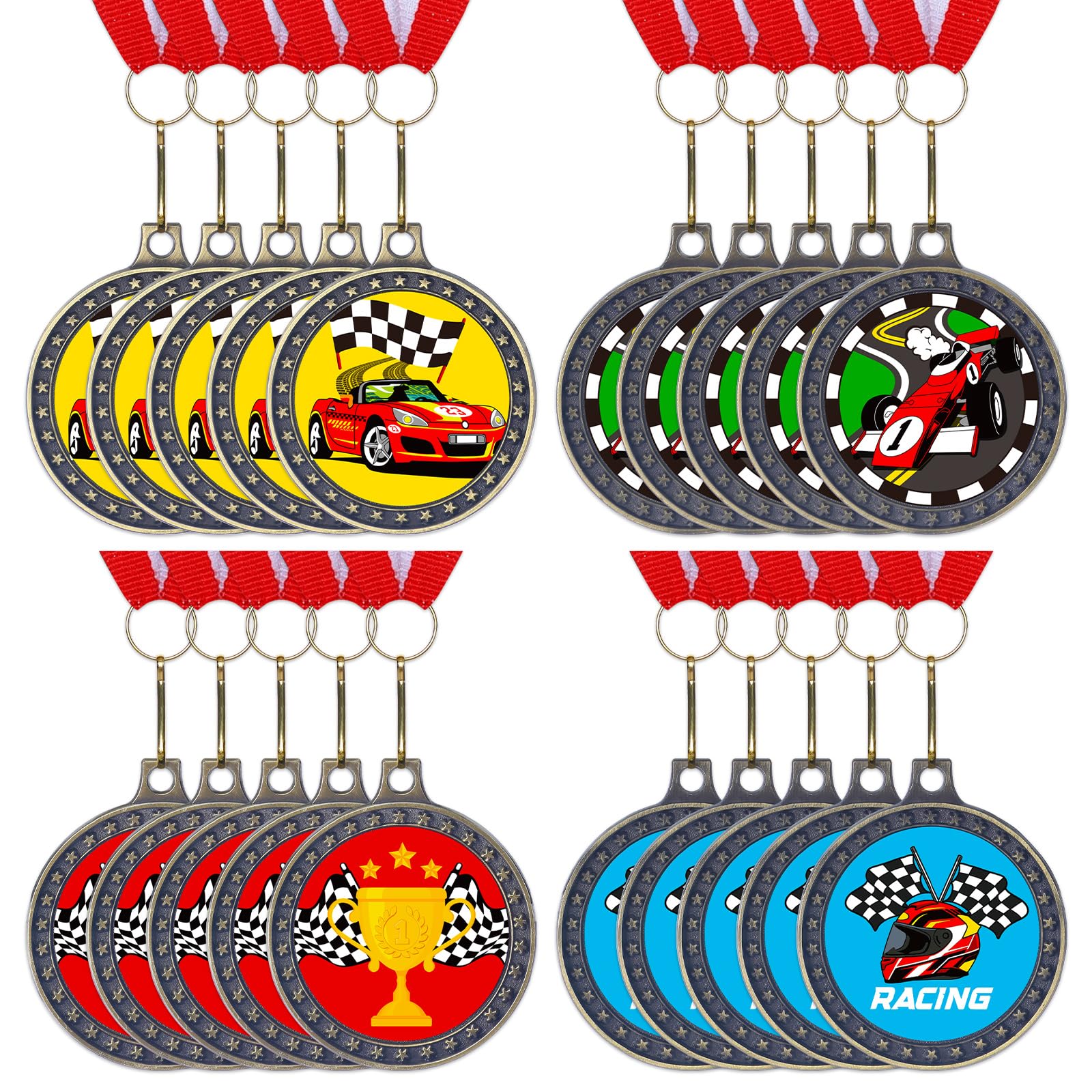 Huquary 20 medallas de premios Derby de coches de carreras con cinta para el cuello, premios de trofeo de metal, medallas para ganadores, medallas de participación de trofeos de coche, medallas de