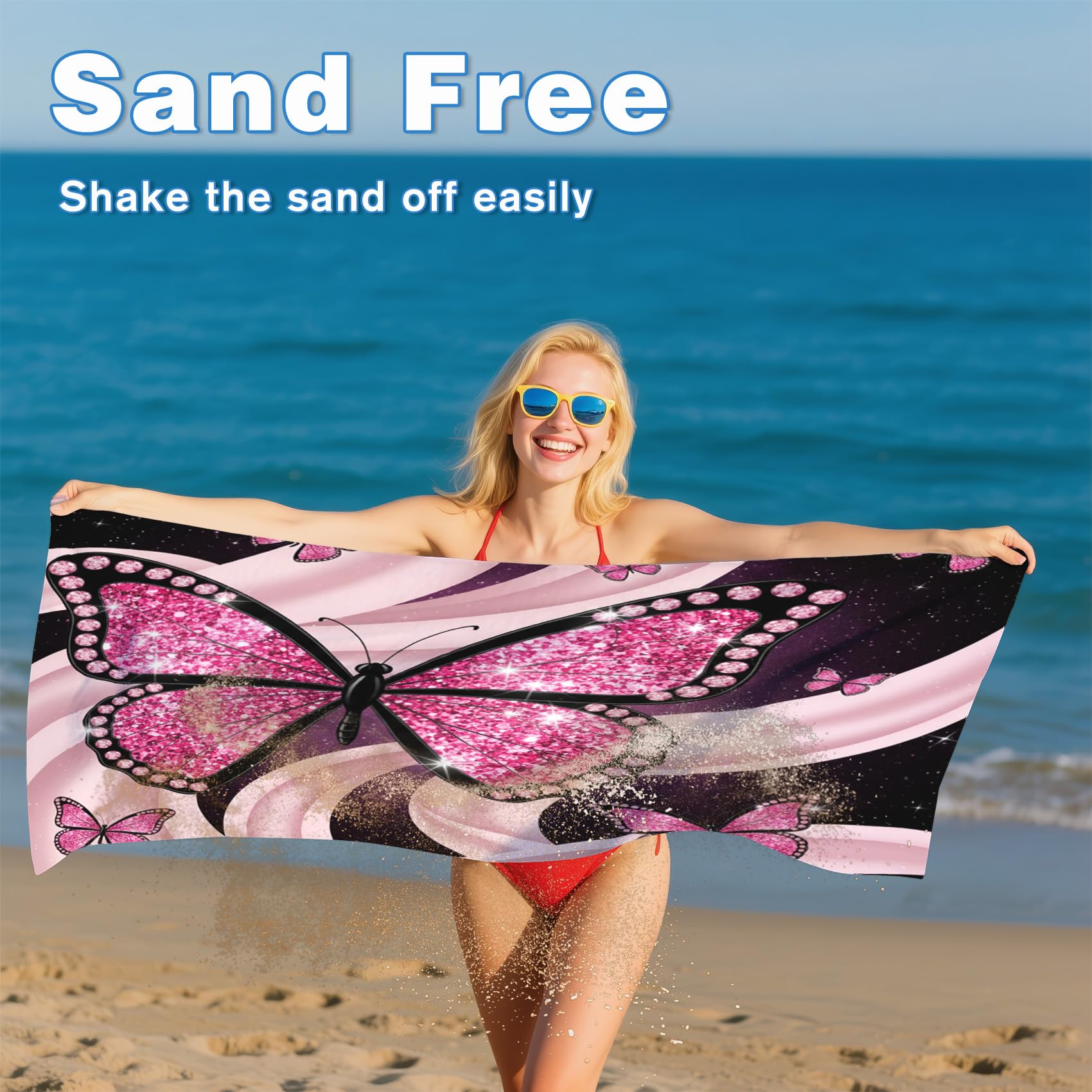 Serviette de Plage XXL Microfibre Papillon Rose Romantique Fille, Drap de Plage Séchage Rapide Anti Sable & Légère, Serviette de Bain Grande Taille 200x200 cm, Accessoire & Cadeau été