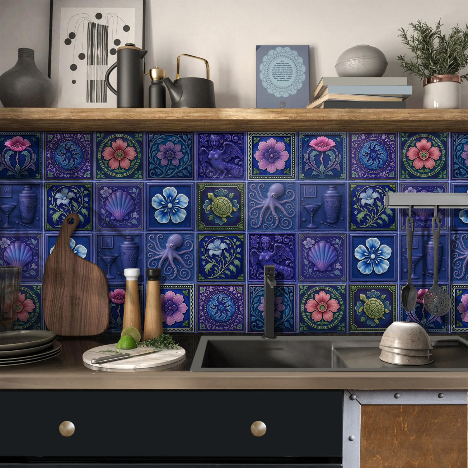 Moroccan Tile Stickers for Kitchen， Waterproof Oil Proof PVC Tile Stickers 24 pcs 10x10/15x15/20x20 cm(24 Pcs/20x20cm)