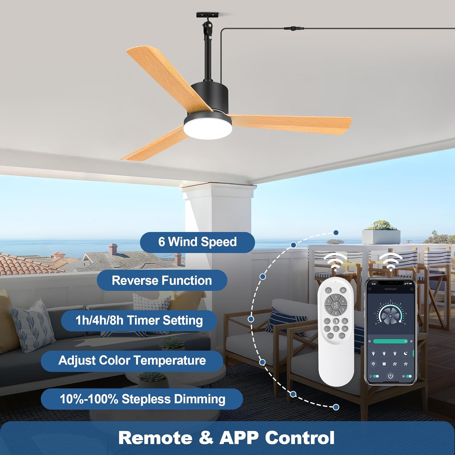 bodkar 42" Outdoor Ceiling Fan with Light, Waterproof Hanging Gazebo Patio Fan with Remote & APP Control, 6-Speed Reversible DC Motor Plug in Ceiling Fan for Patio Porch Pergola, Wooden