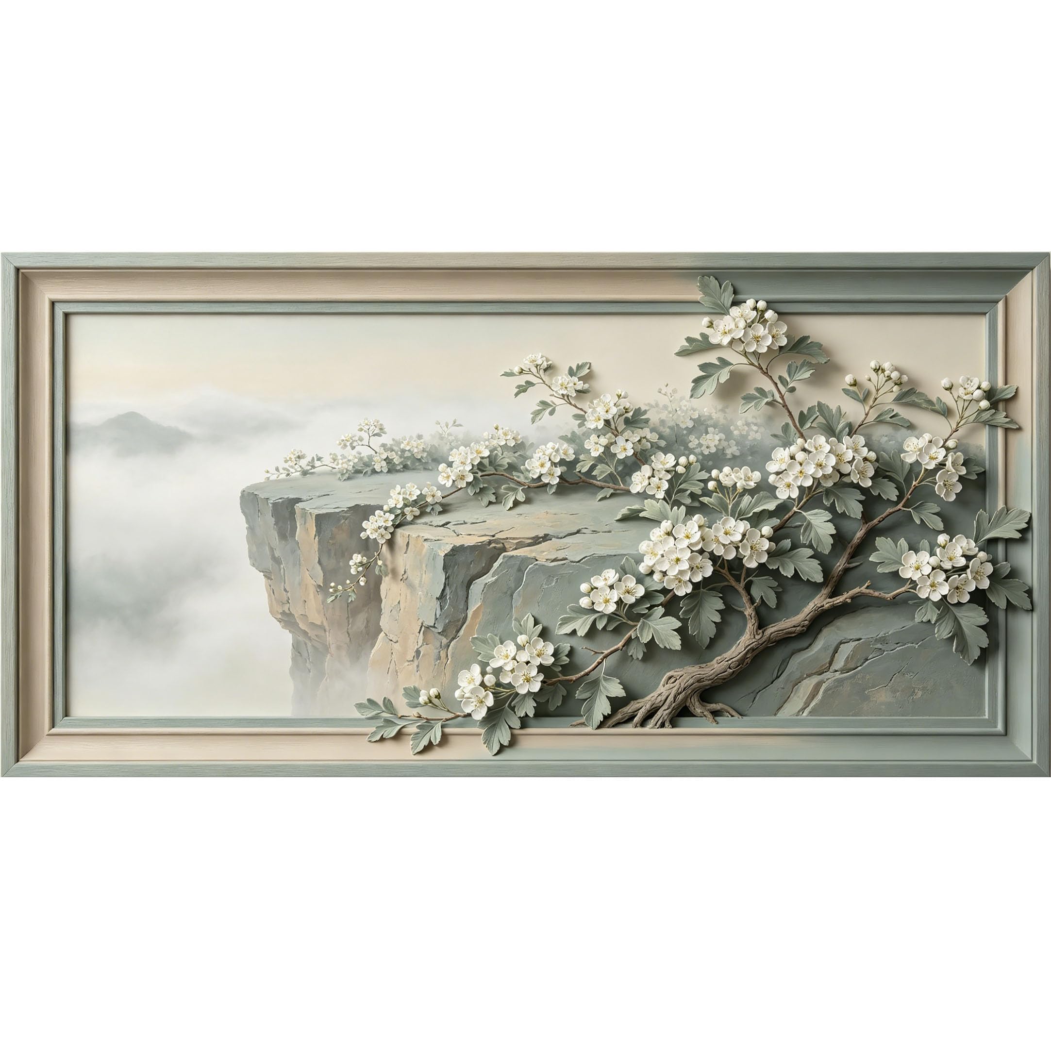 Agglomerix 3D Framed Wall Art White Hawthorn Blossom Mountain Cliff Botanical Relief Effect Large Size SelfAdhesive Removable Wall Decor Prints Artwork for Living Room Bedroom Office