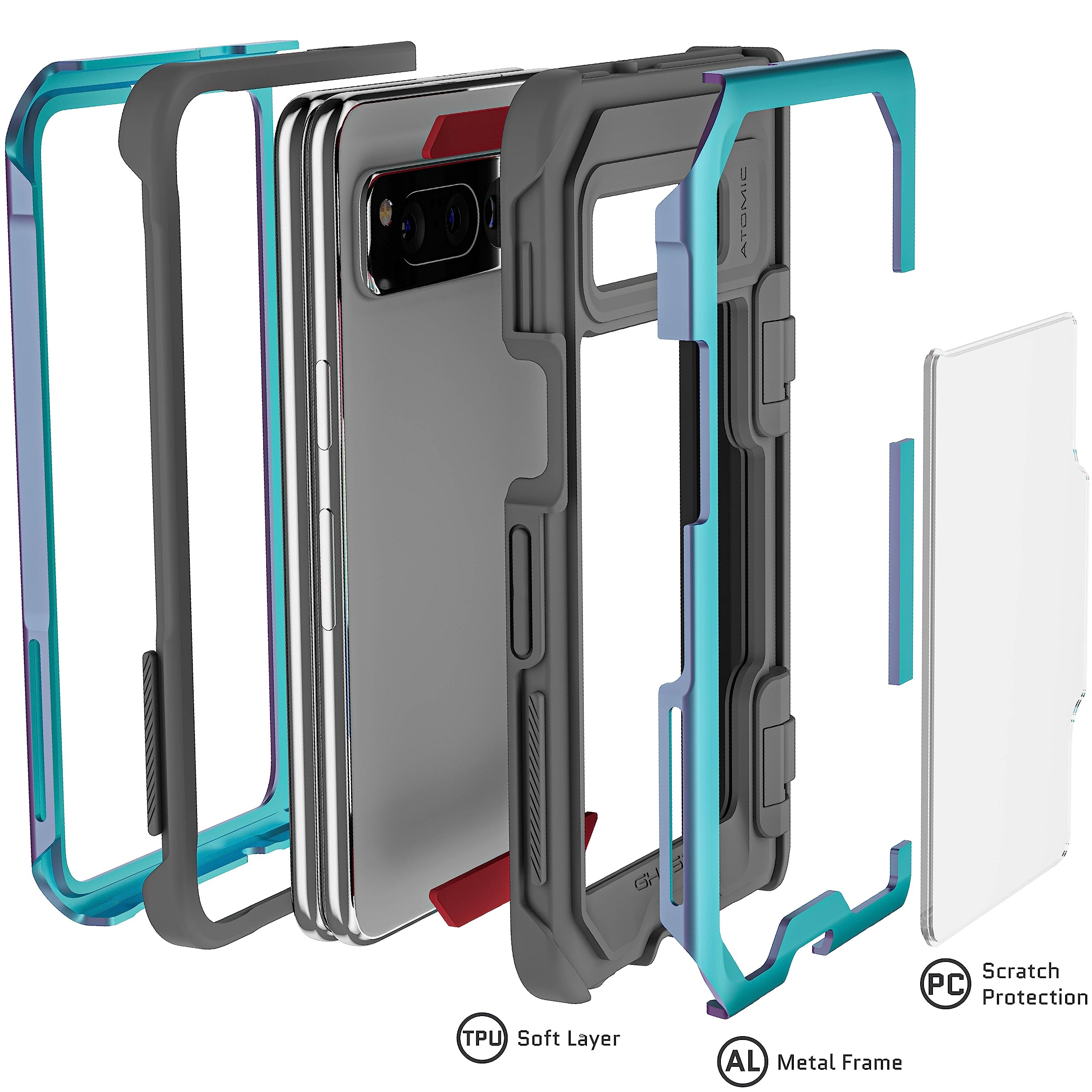 Ghostek ATOMIC slim Pixel Fold Phone Case with Clear Back and Iridescent Aluminum Bumper Heavy Duty Shock Absorbent Protective Metal Phone Covers Designed for 2023 Google Pixel Fold (7.6") (Prismatic)