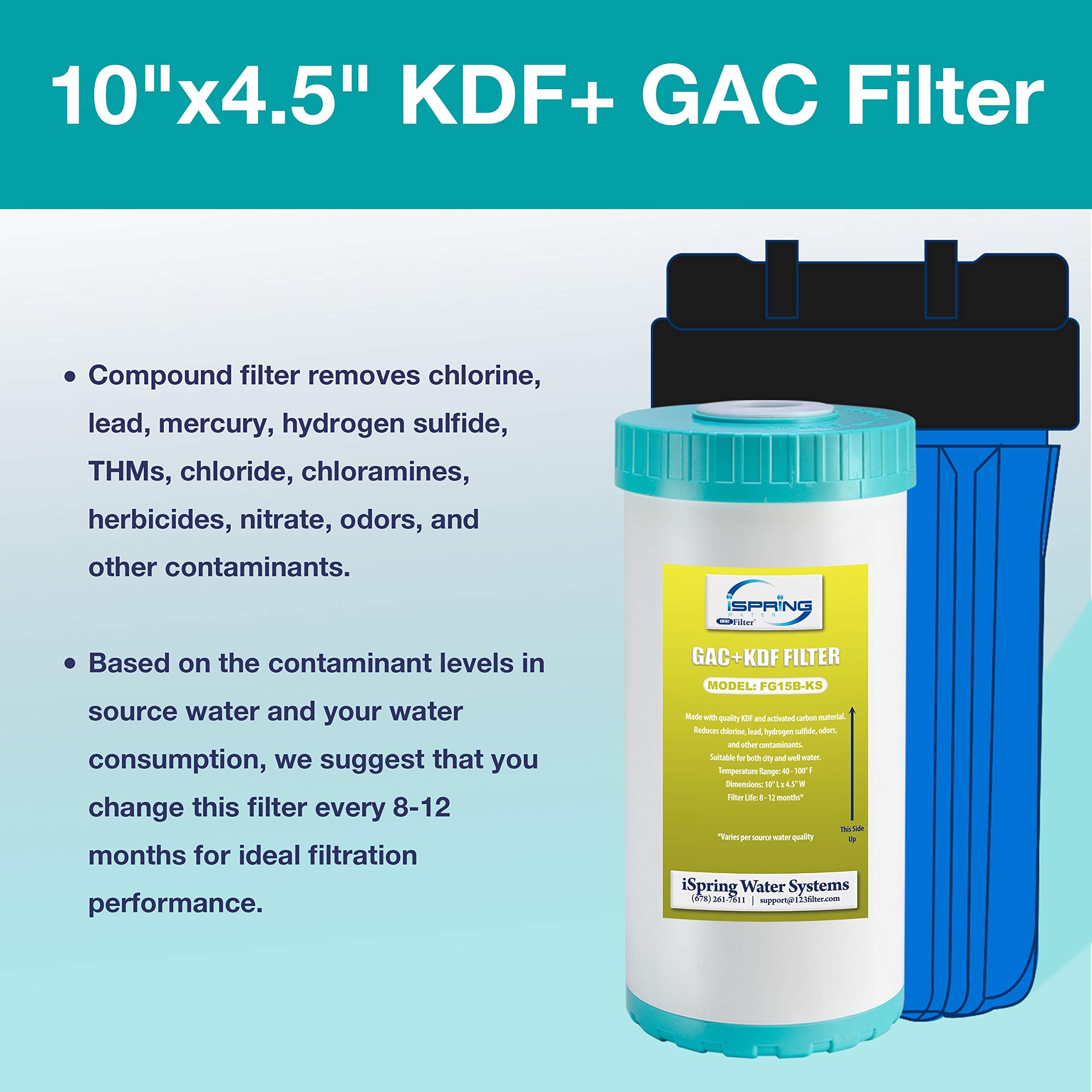 iSpring FG15B-KS Cartucho de repuesto para filtro de carbono GAC y KDF de gran capacidad para conexión directa bajo el fregadero US21B, 10" x 4.5"