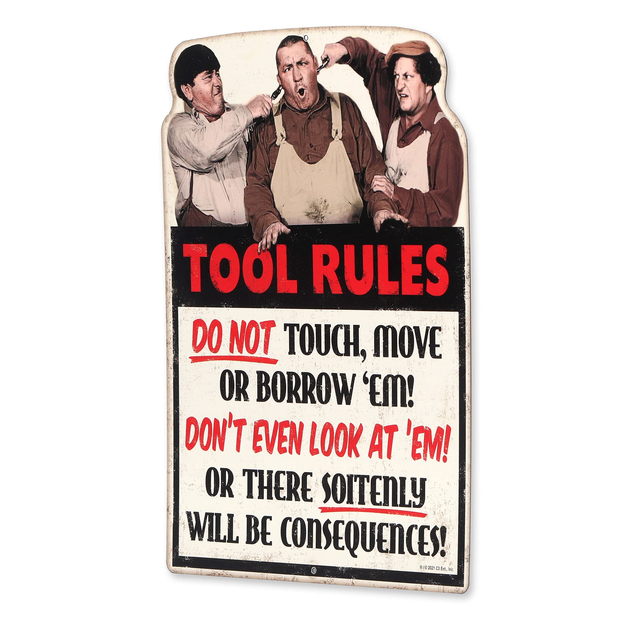 Open Road Brands The Three Stooges Tool Rules - Cartel de metal para garaje, tienda o cueva de hombre
