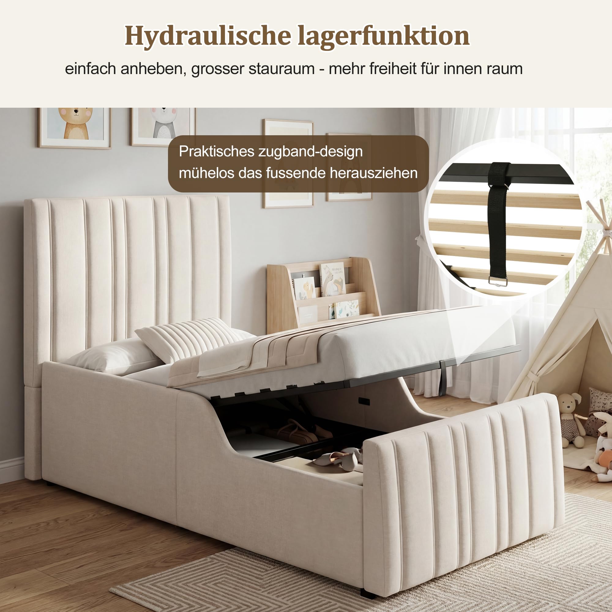 Merax Kinder Bett Polsterbett 90x200 cm Kinderbett mit hydraulischem Stauraum, Jugendbett Stauraumbett Einzelbett aus Leinenstoff mit gepolstertem Kopfteil & Armlehnen & Lattenrost, Beige