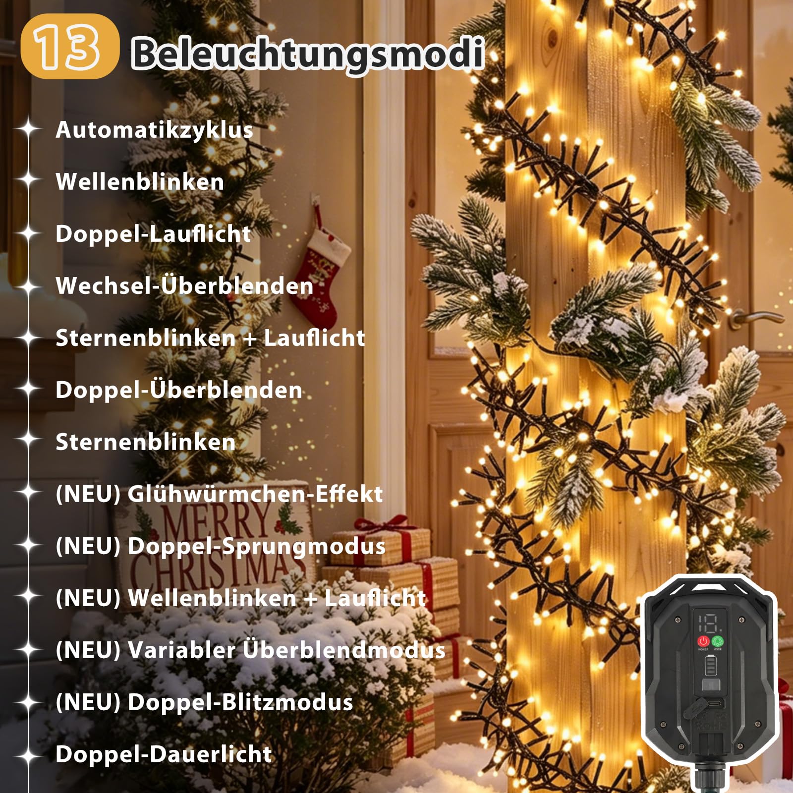 SALCAR Cadena de luces solares de 19 m, 800 LED, para exteriores (cable de alimentación de 16 + 3 m) con mando a distancia, 13 modos, resistente a la intemperie, para exteriores, decoración interior