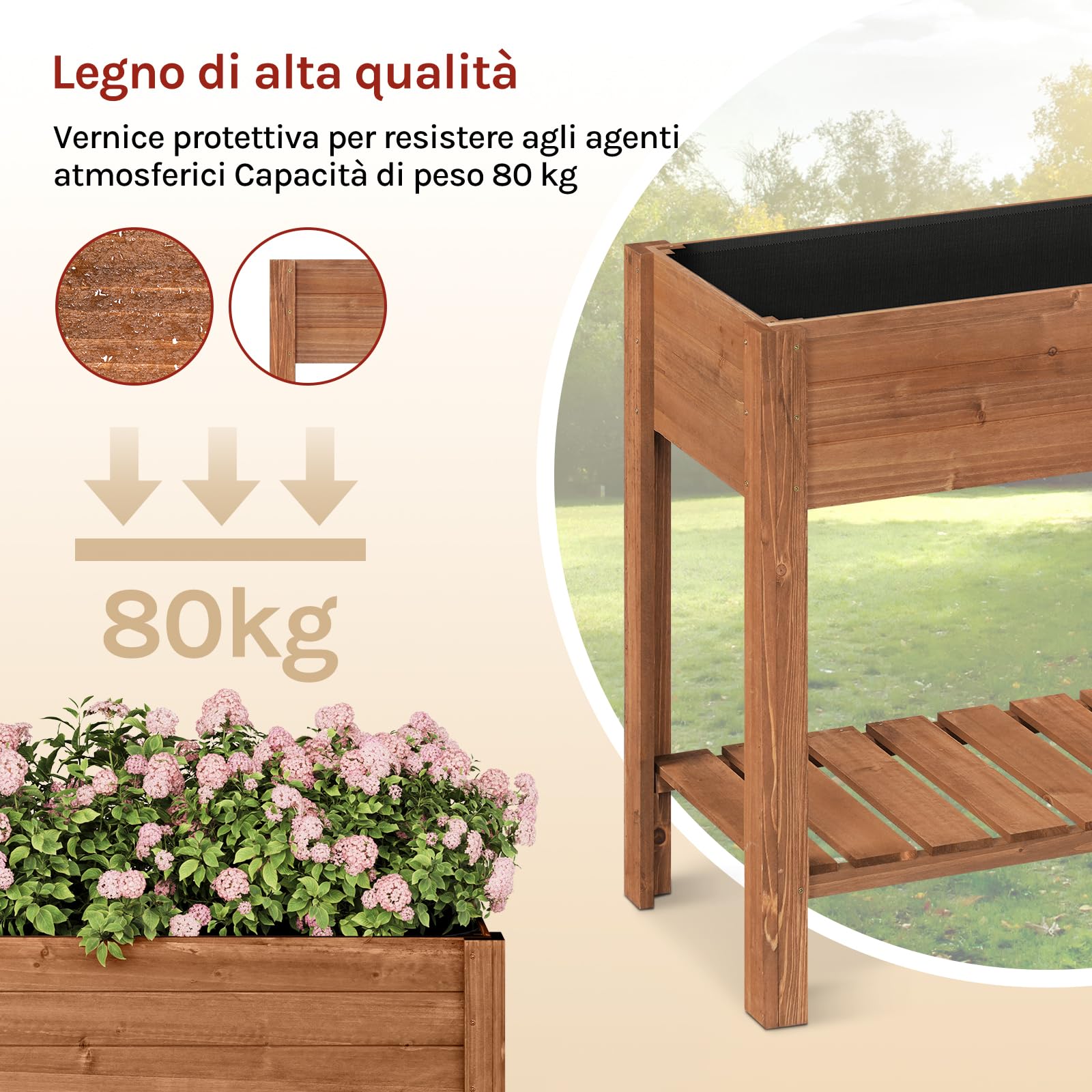 WOLTU Aiuola Rialzata in Legno 80x75x40 cm, con Vaso per Fiori, Ripiano e Rivestimento Idrorepellente, per Orto ed Erbe Aromatiche, adatta a Balcone, Giardino, Terrazzo ed Esterni, Marrone