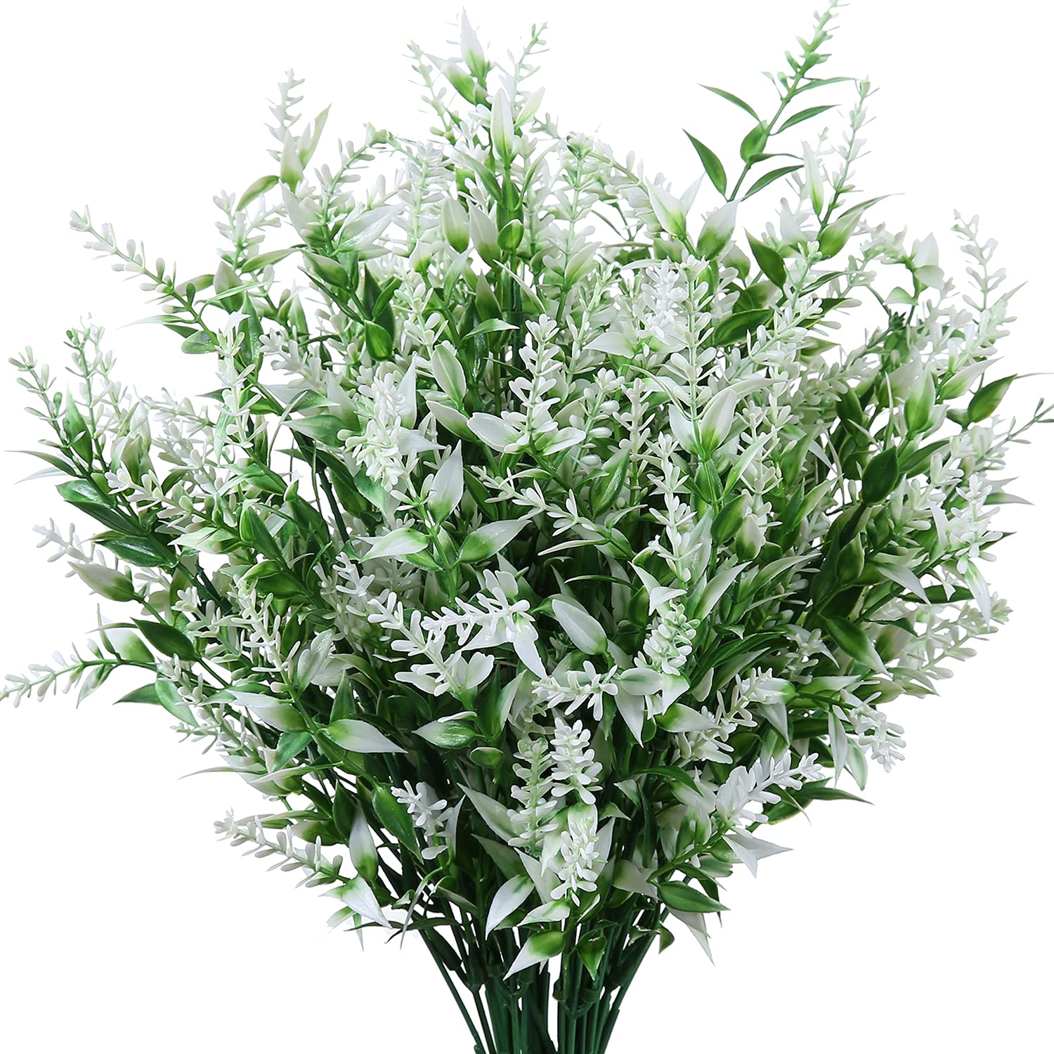 8 Pack Artificial Plants Flowers Grass Shrubs No Fade Faux Plastic Flowers Outdoor for Vases Farmhouse Garden Porch Patio Office Indoor Wedding Decoration Greenery Fake Plants (5#White)