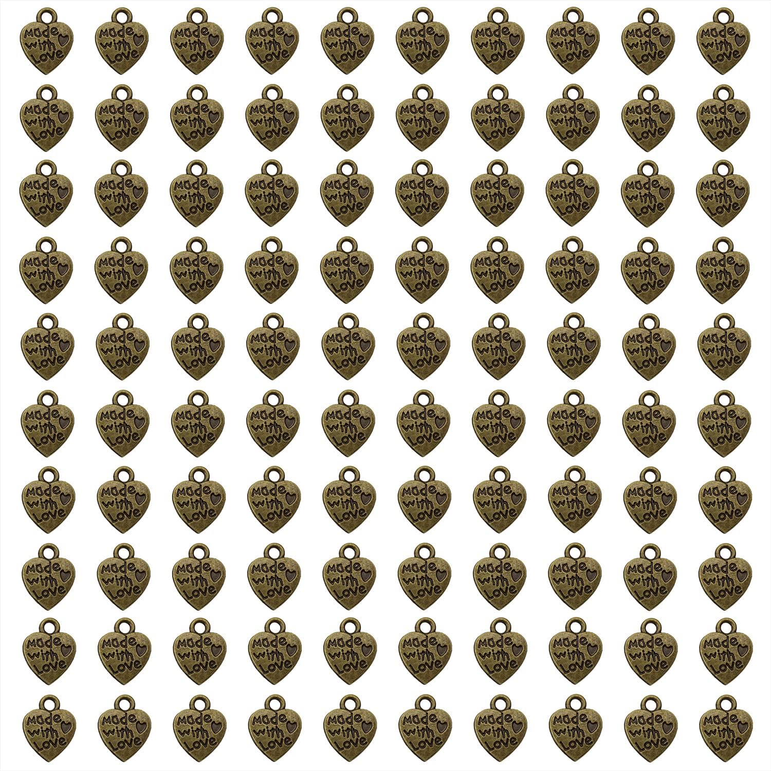 Shapenty 100PCS Mini Metal Beads Heart Shaped “Made with Love” Charms Bulk for DIY Craft Keychain Necklace Pendants Bracelets Earrings Jewelry Making Findings