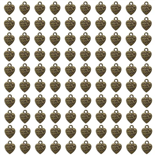 Miniatura 5 de Shapenty 100 mini cuentas de metal en forma de corazón "Hecho con amor" a granel para manualidades, llavero, collares, colgantes, pulseras, aretes,