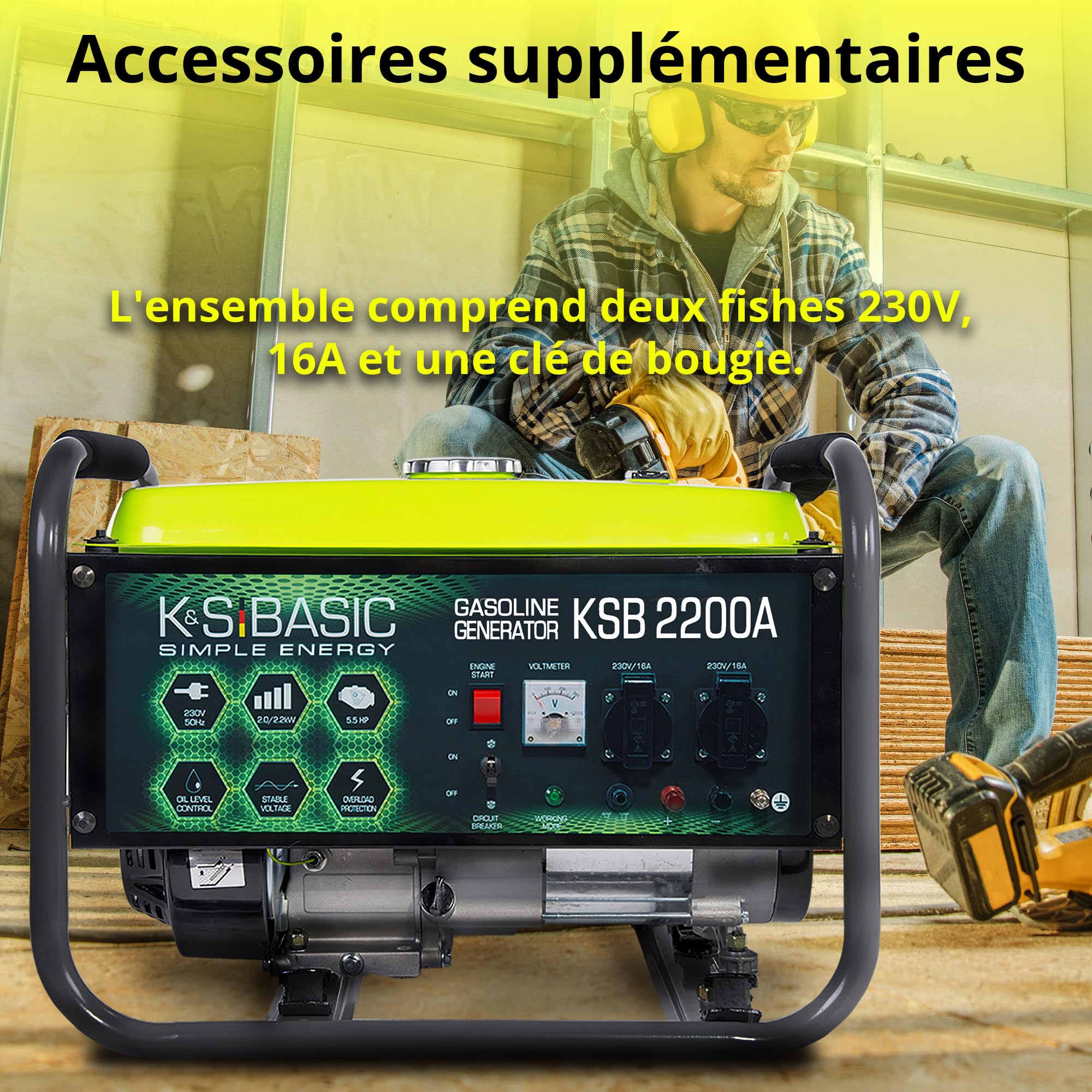 Groupe électrogène à essence KSB 2200A, puissance maximale 2200W, démarrage manuel, puissance moteur 5,5 CV, régulateur AVR, voltmètre, 2x16A (230V), sortie 12V, alternateur en aluminium