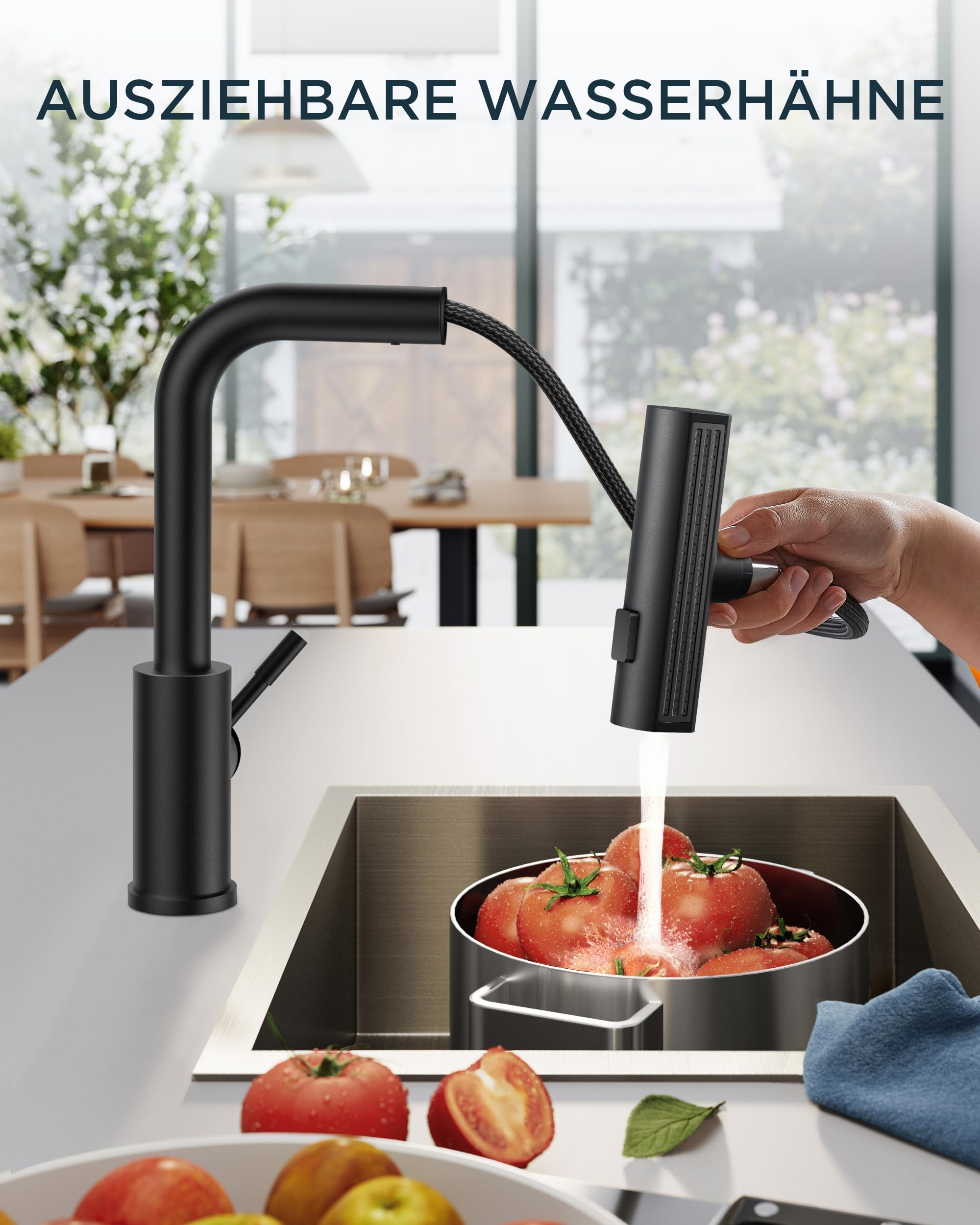 FORIOUS Küchenarmatur, Hochdruck Wasserhahn Küche Ausziehbar mit Brause, 360° Drehbar Mischbatterie Waterfall Spültischarmatur Einhebelmischer mit 3 Strahlarte, Schwarz