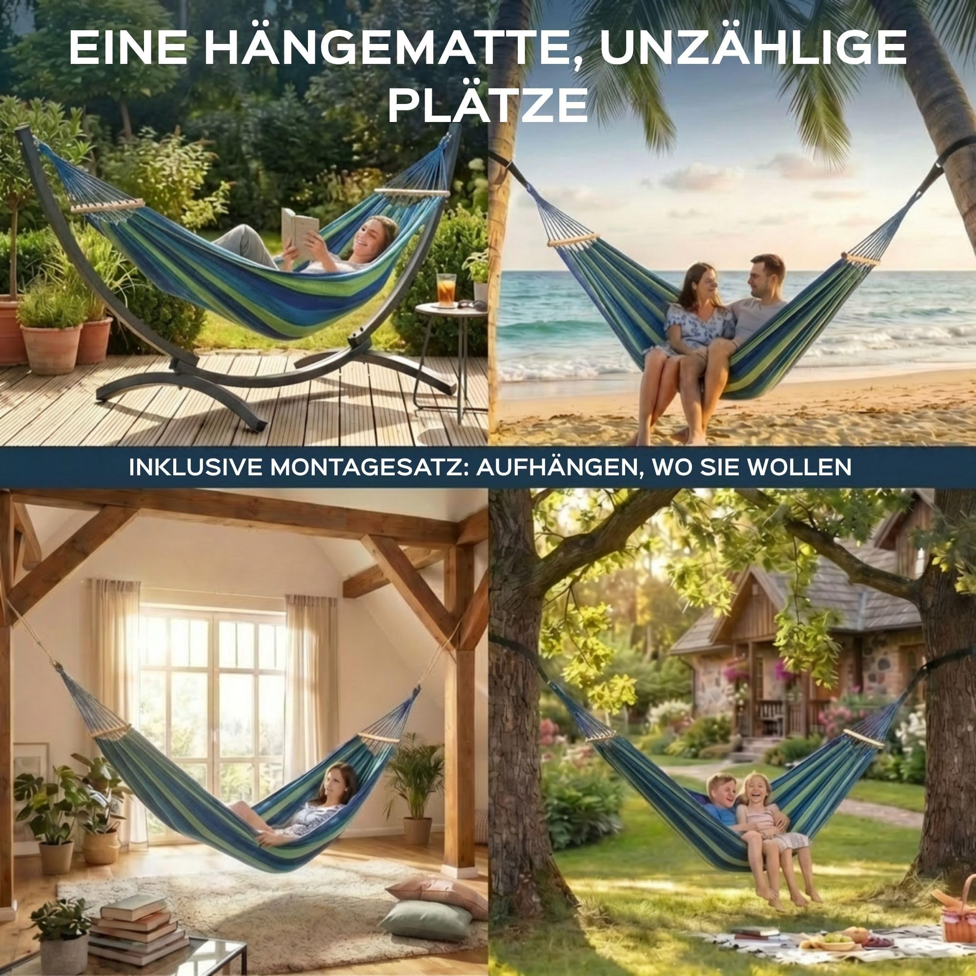 UNBOX Hängematte Outdoor Baumwolle mit Holzstange - 250x180cm, Tragkraft 300kg, mit Baumfreundlichen Gurten & Tragetasche - Ideal für Garten, Camping, Balkon & Terrasse