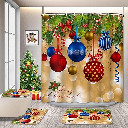 Miniatura 9 de Juego de decoración navideña para baño con cortina de ducha, alfombra, cubierta de tapa de inodoro y tapete – Diseño de muñeco de nieve y árbol –