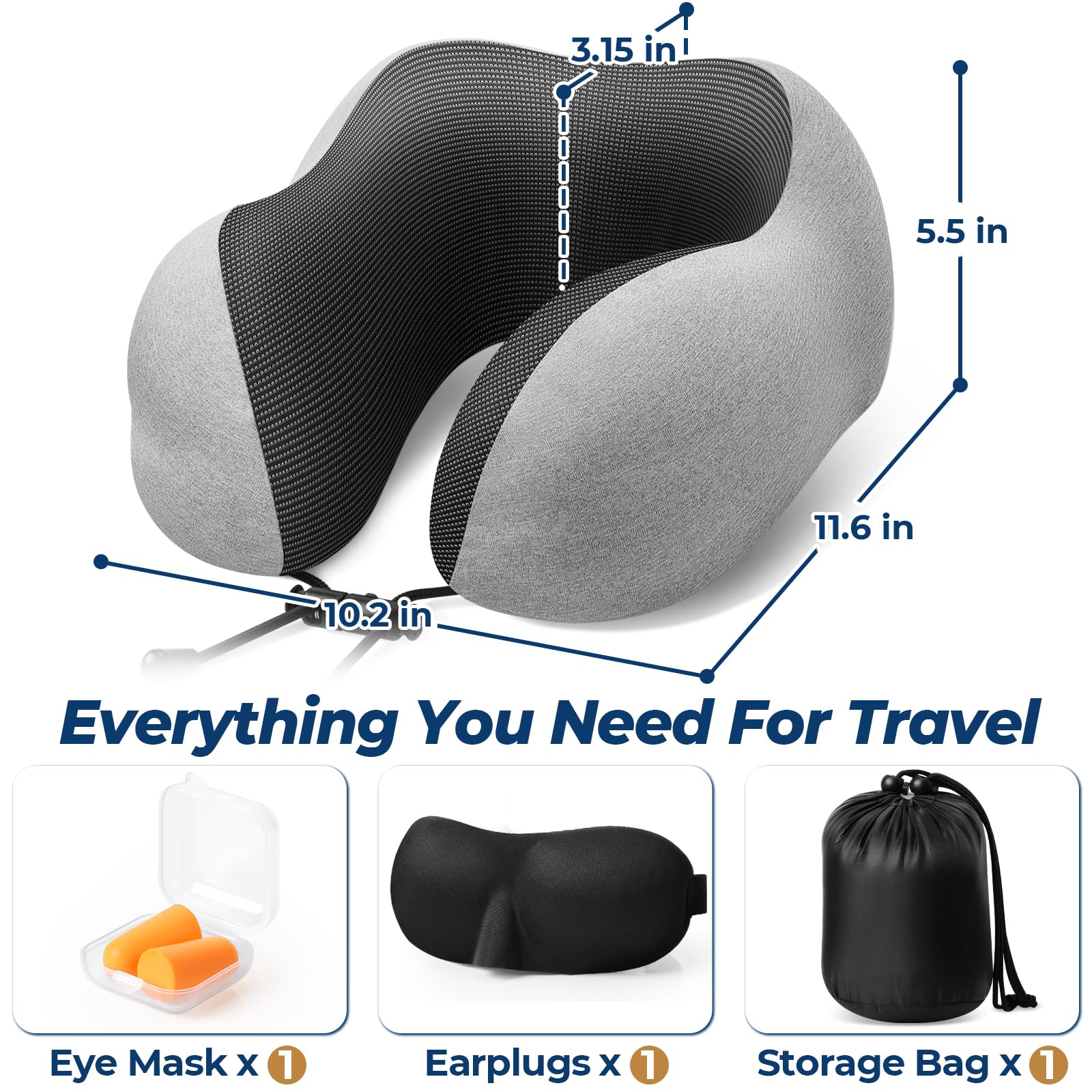 ExploreBliss Almohada de viaje, almohadas de viaje para dormir en avión, almohada de cuello extraíble con cierre ajustable, juego de almohadas de espuma viscoelástica con máscara de ojos, tapones para