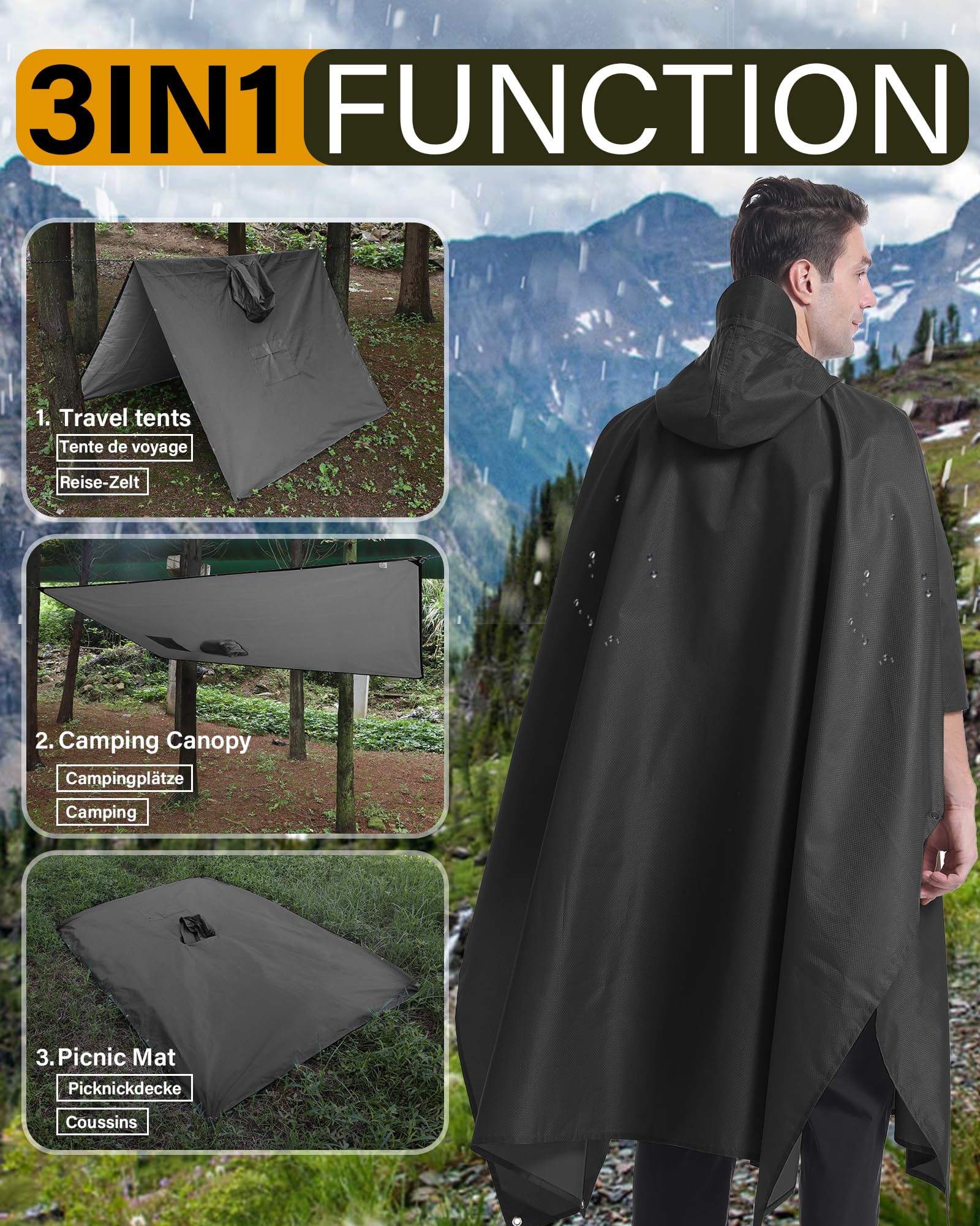 Coutyuyi Wasserdicht Regenponcho Unisex, Wiederverwendbar Regenjacken 3 in 1 Multifunktionaler Regencape mit Tasche Regenmantel Regenschutz für Wanderungen,Camping
