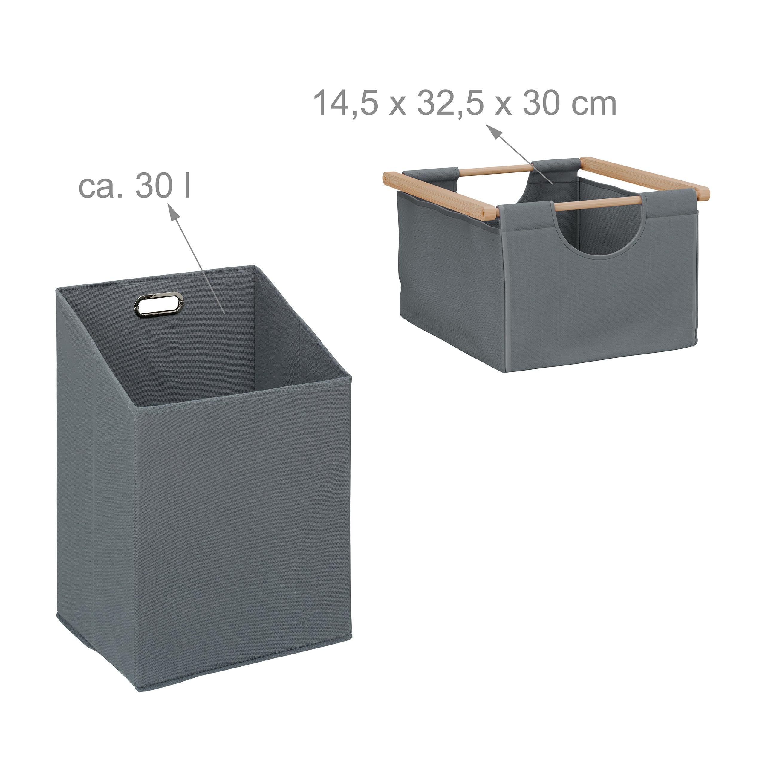 Relaxdays Wäschekorb, kippbarer Wäschesammler, 30 Liter, Ablage & Schublade, Bambus, Stoff, HBT: 95x40x33 cm, natur/grau