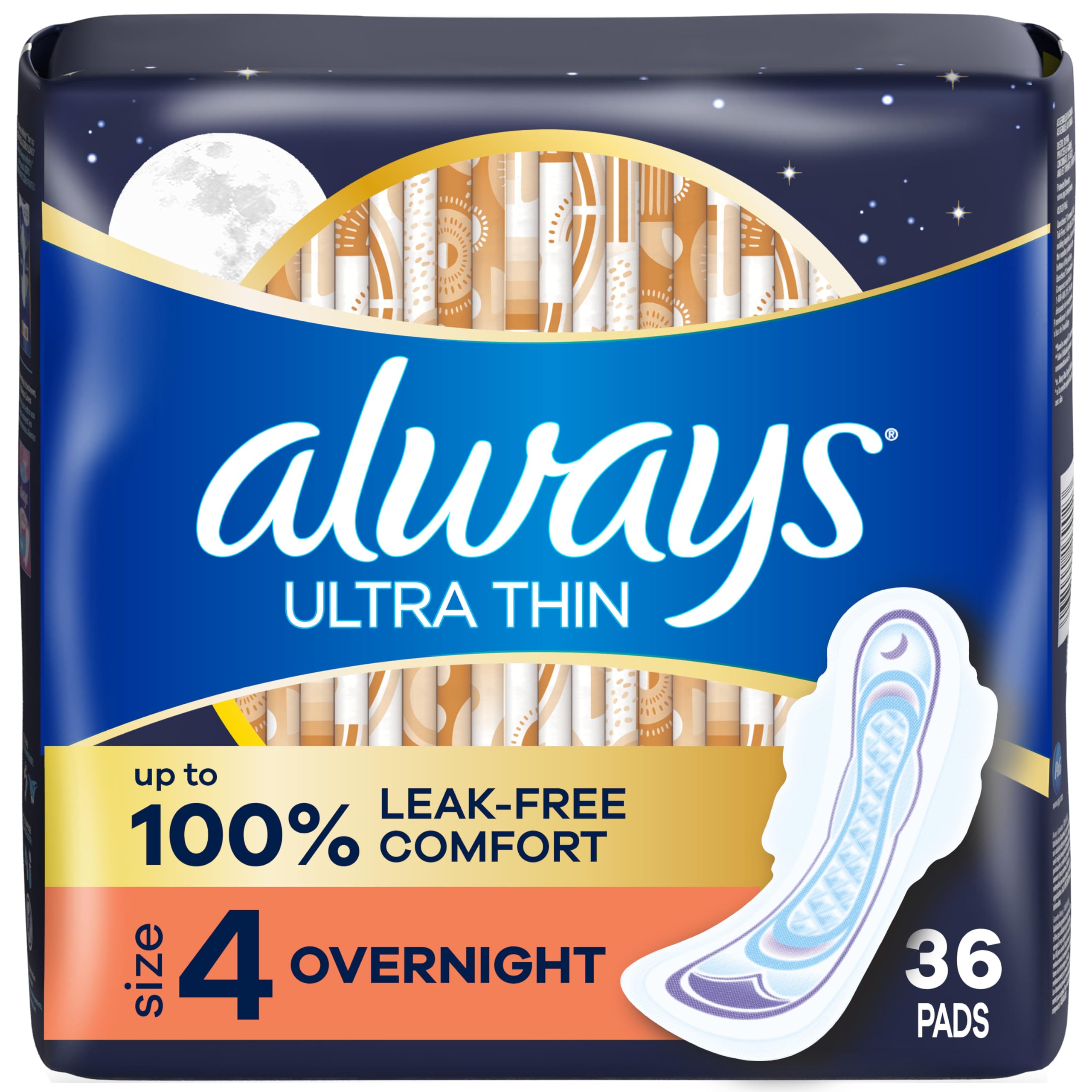 Always Ultra Thin Feminine Pads with Wings for Women, Size 4, Overnight Absorbency, Unscented, Up to 100% Leak-Free Comfort, 36 Count