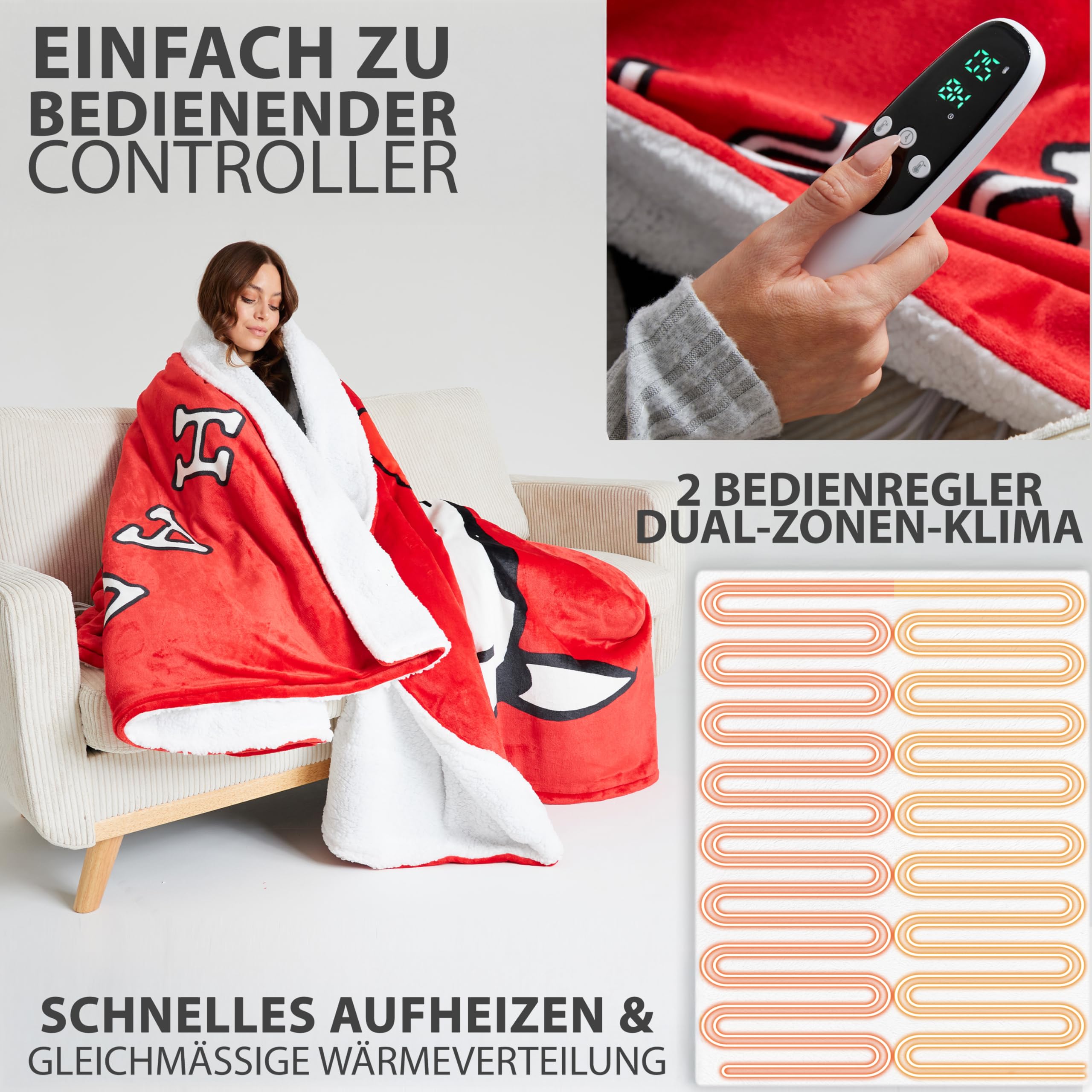 Peanuts Snoopy Heizdecke Kingsize, Weiche Sherpa Fleecedecke 230x265cm, 9 Heizstufen, 12-Stunden-Abschaltautomatik, Warme Kuscheldecke Geschenk (Rot Snoopy, König EU)