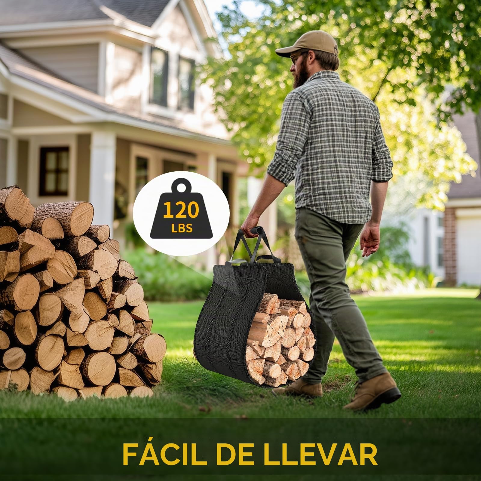 Leñero en Forma de U Reforzado Leñero Interior Exterior Metal 250lbs 4 Patas con Bolsa Transporte para Chimenea Jardín 43x53x33cm Negro Antideslizante
