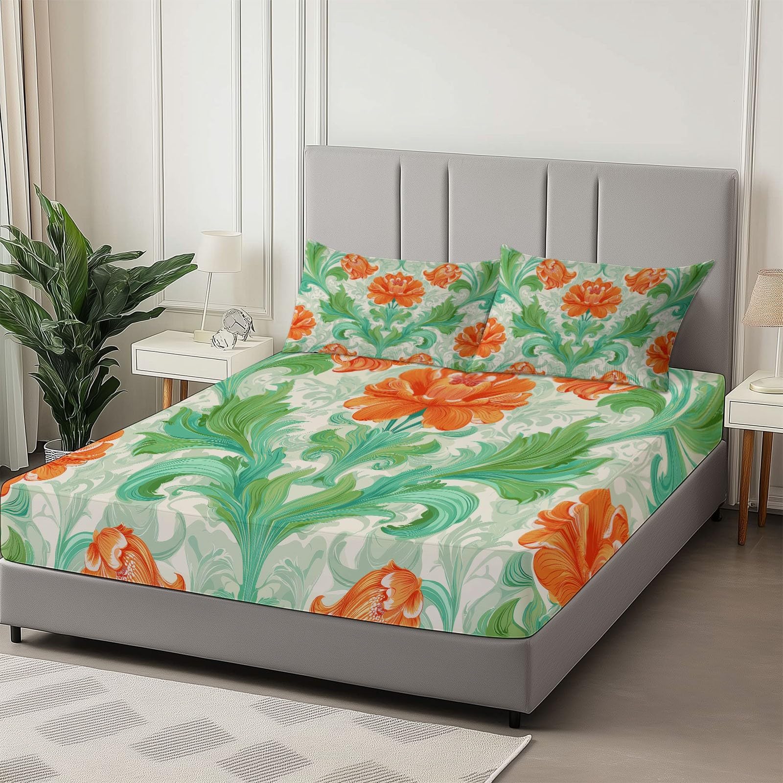 Prześcieradła z gumką w rozmiarze king size – 30 cm głęboka szałwiowa zieleń, secesyjne kwiatowe eleganckie prześcieradła z gumką, miękka szczotkowana mikrofibra, łatwe w pielęgnacji, odporne na