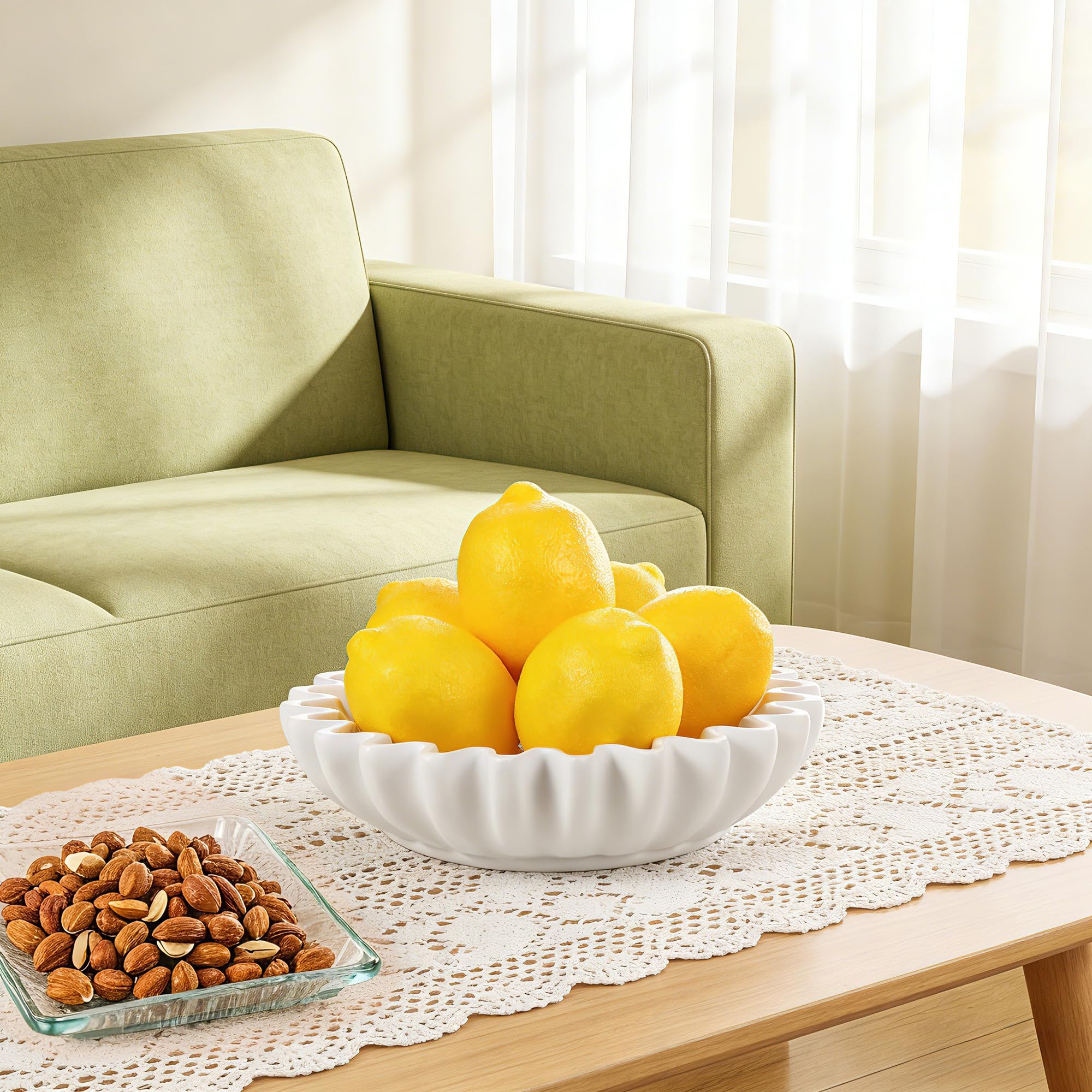 Zocipro Ciotola Decorativa Bianca 23,5 cm con Bordo Lavorato a Mano, Ideale per Frutta, Chiavi o Gioielli. Perfetta per Tavolo e Soggiorno, Regalo per Casa Nuova o Matrimonio