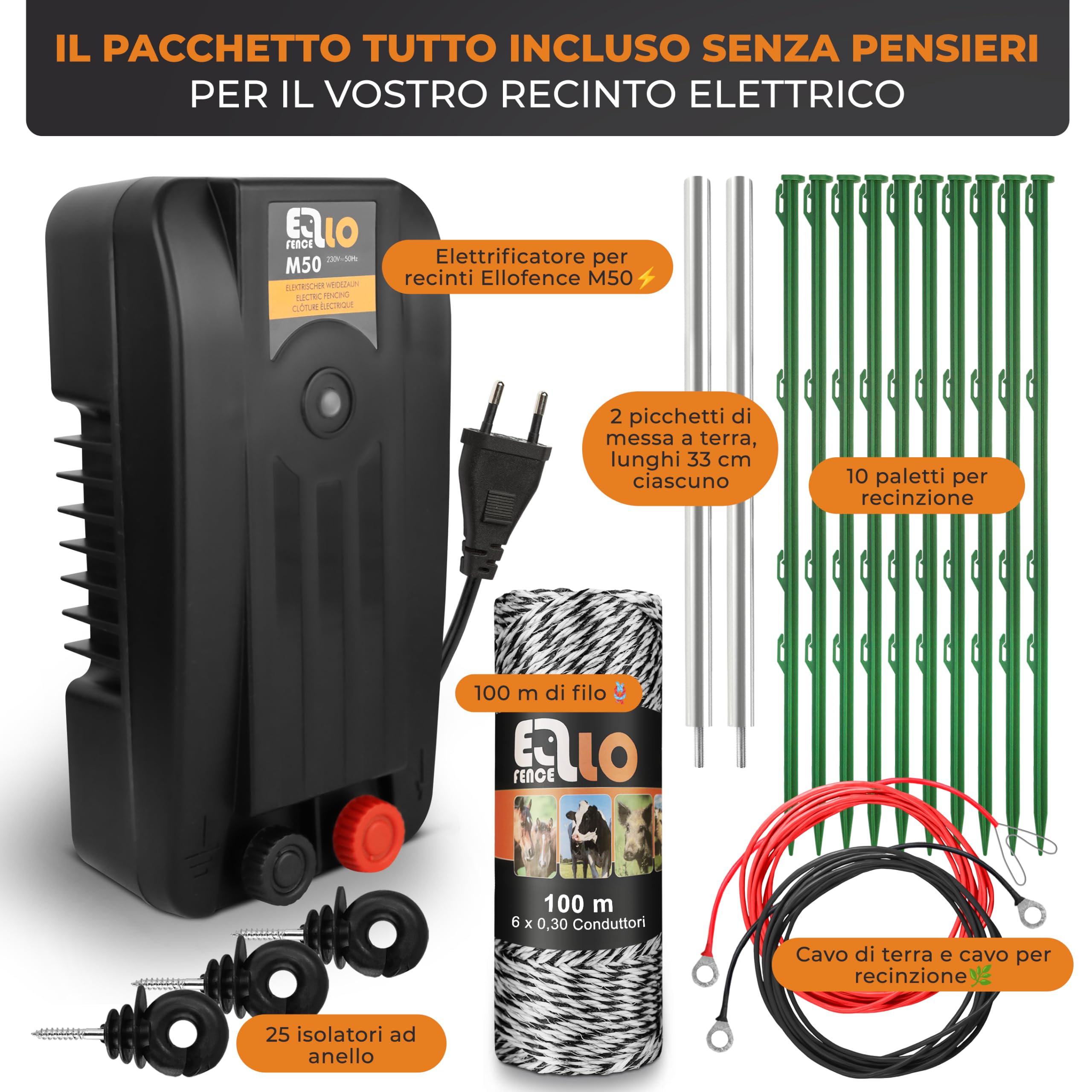 Kit starter recinto elettrico M | Filo 200m con 10 pali e accessori