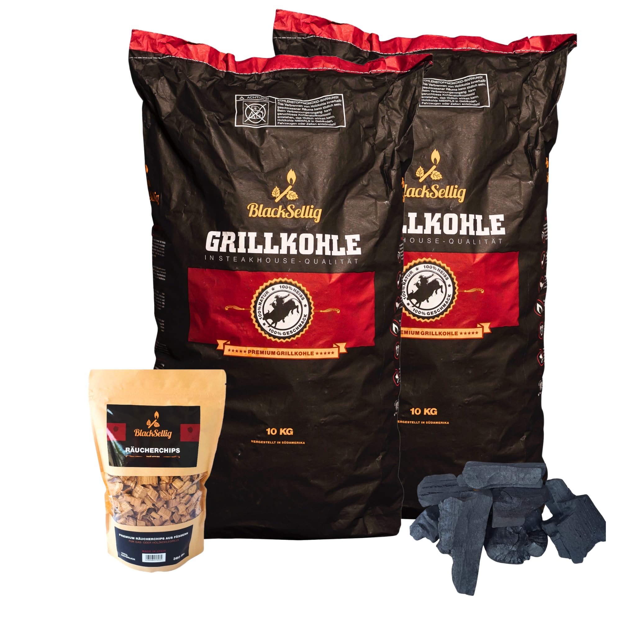 Carbonella per barbecue Steakhouse - Carbone Premium Quebracho Blanco | Lunga durata | Alta temperatura | Bassa produzione di fumo (20 kg + 360 g di chip per affumicatore)