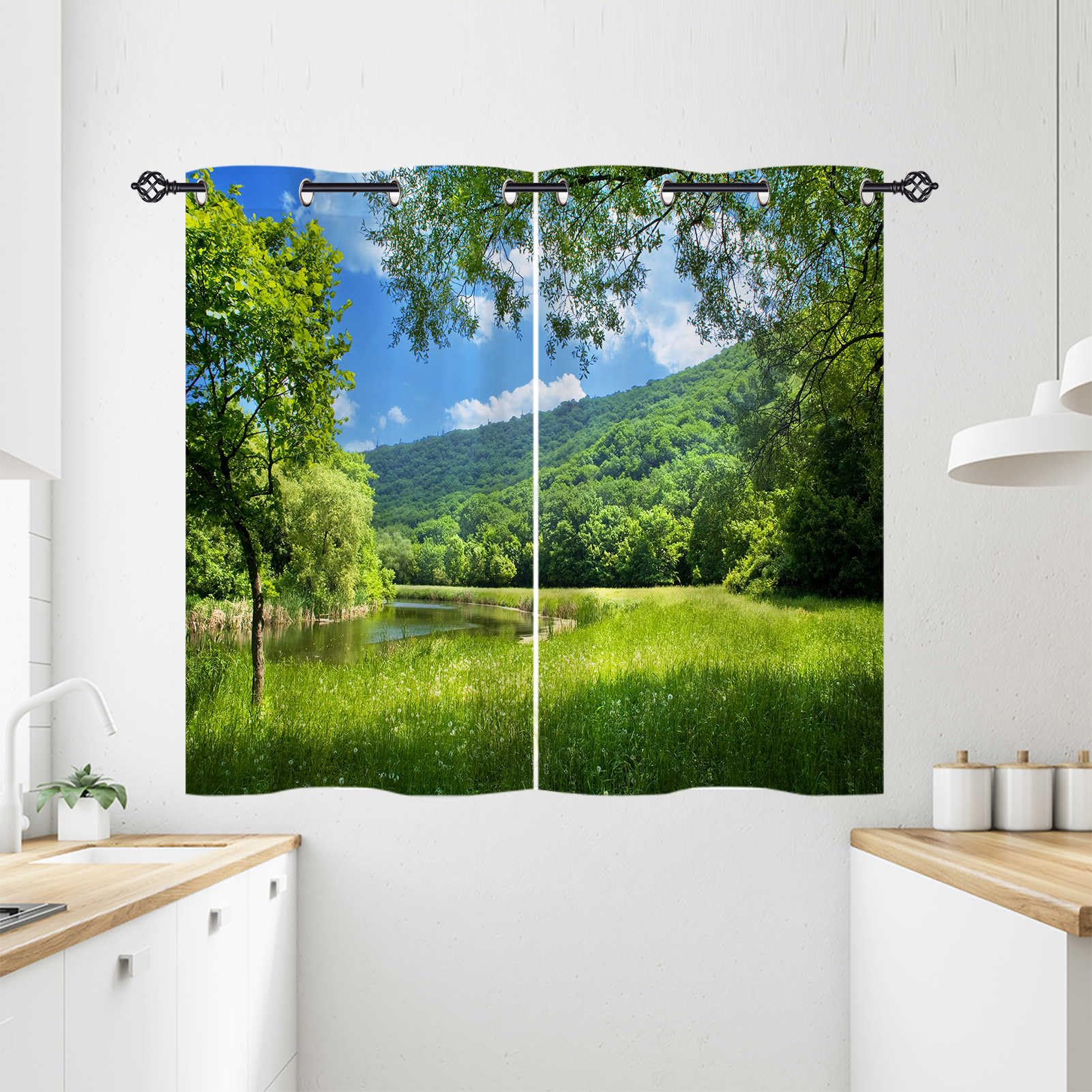 ANHOPE Landscape Curtains Eyelet 80% Blackout Room Darkening Curtains Nature Forest River Print Pattern Thermal Insulated Privacy Window Drapes for Bedroom Living Room 28 x 54 Inch Drop 2 Panels