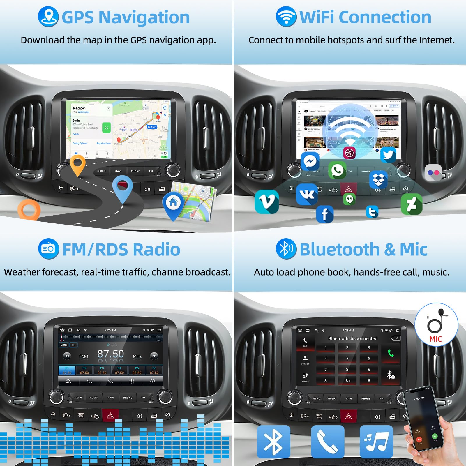 Autoradio Android 15 Per Fiat 500L 2013-2019 - 7" Touchscreen, 8 Core, 6+128GB, Wireless CarPlay/Android Auto, GPS