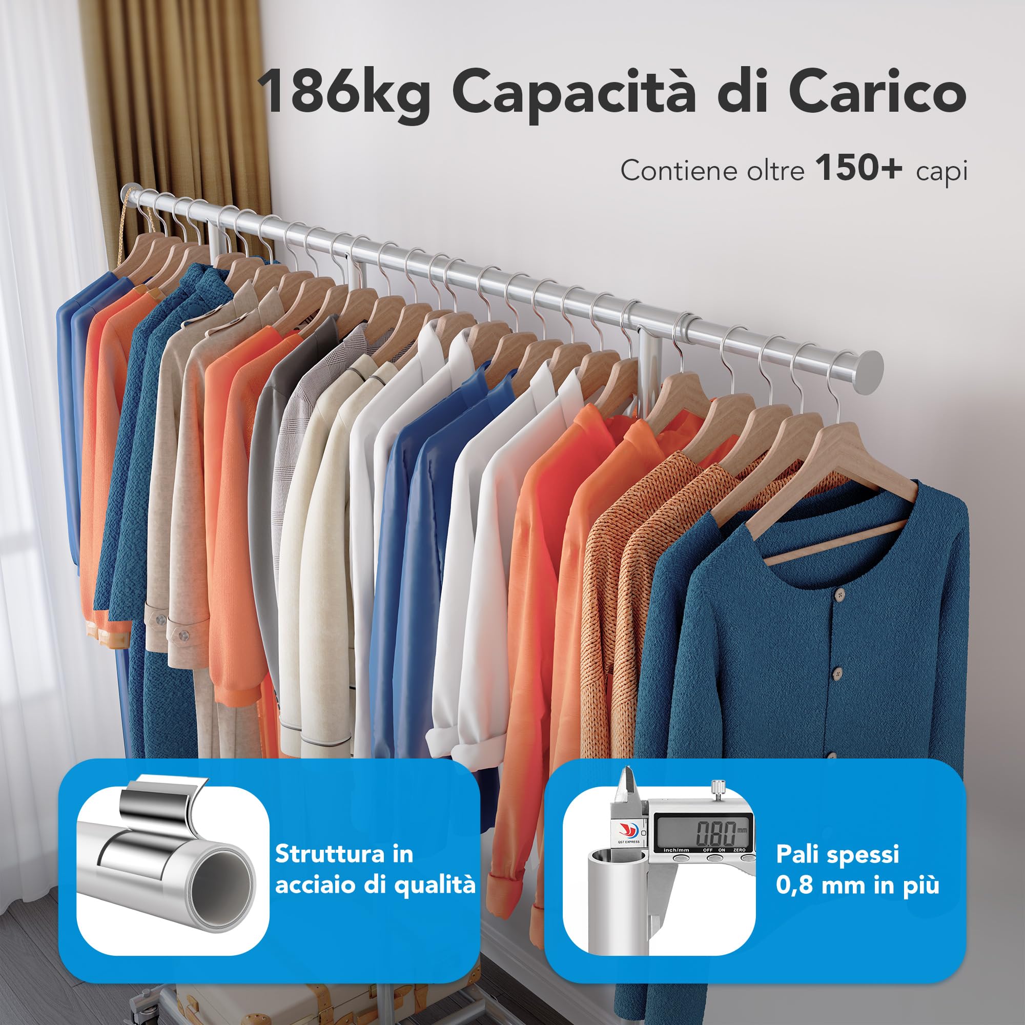 HOKEEPER Heavy Duty Attaccapanni Appendi Abiti su Ruote, Appendiabiti con Telaio Inferiore, 2 Livelli, Porta Vestiti da Camera, con Carrelli Regolabili in Acciaio Cromato, Argento