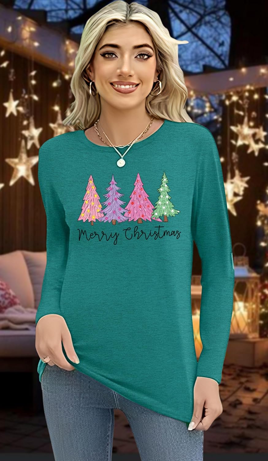 Merry Christmas Shirts for Women: Christmas Tree Long Sleeve Xmas Blouse Tops - Image 4
