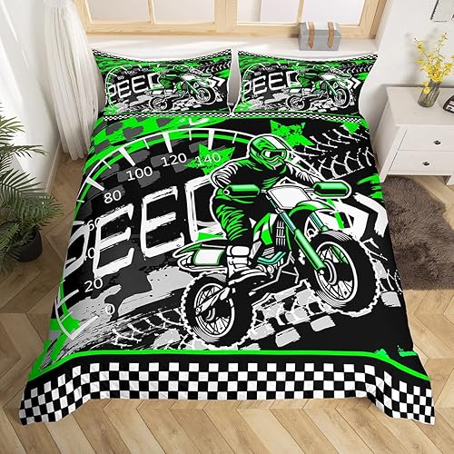 Juego de funda de edredón verde fluorescente para motocross, juego de ropa de cama para deportes extremos para niños y niñas, funda de edredón de