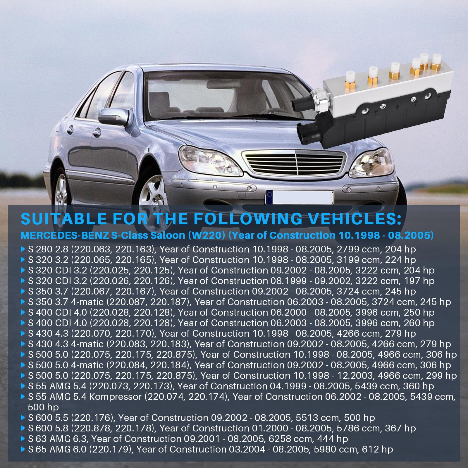 Bloque de válvulas de suspensión neumática compatible con la Clase S Berlina W220 S 280 S 350 S 430 4-matic S 55 AMG S 65 AMG, recambio para 2203200258 A2203200258