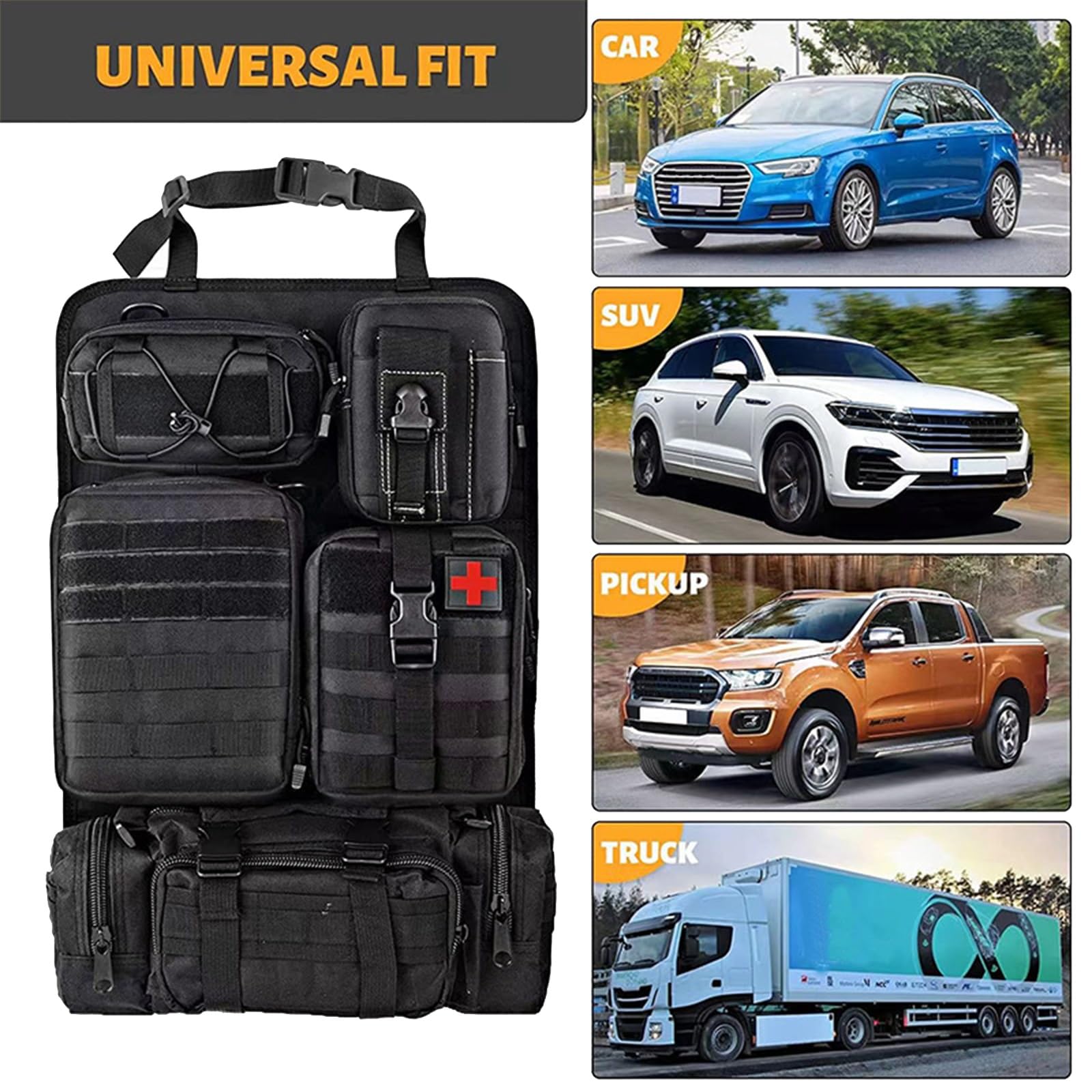 6-in-1 Tasca Tattica per Sedile Posteriore, Multifunzione per Auto | Pannello MOLLE Auto, 5 Tasche Rimovibili, Grande Organizzatore Posteriore per Tutti - Tieni in Ordine.(Brown)