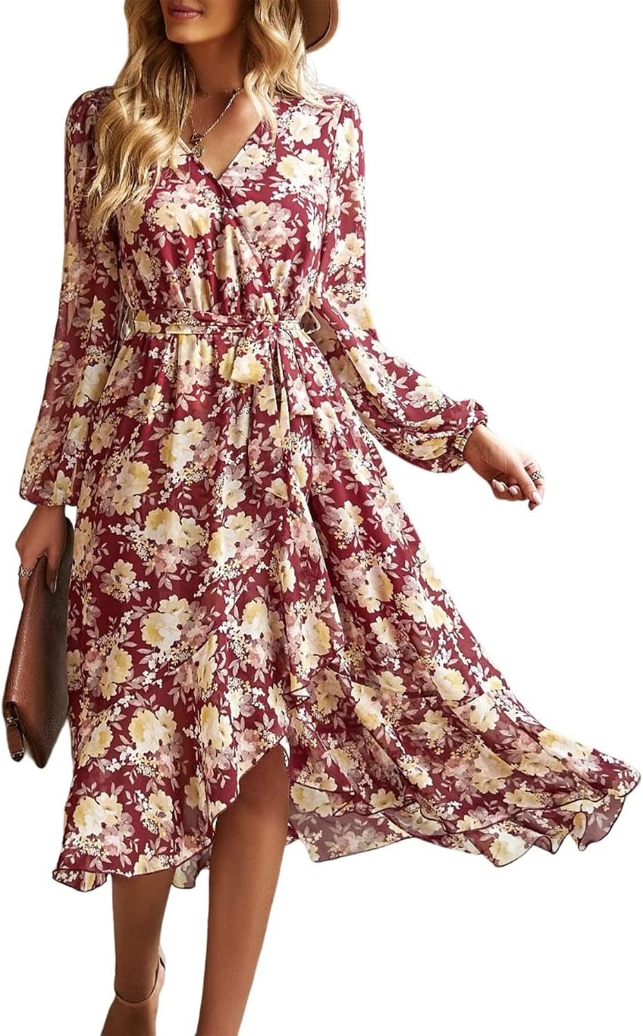 PRETTYGARDEN Women's Floral Print Boho Dress Long Sleeve Wrap V Neck Ruffle Belted A-Line Flowy Maxi Dresses
