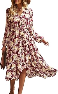 Women's Floral Boho Dress Fall Long Sleeve Wrap V Neck Ruffle Flowy Maxi Spring Wedding Guest Vacation Dresses